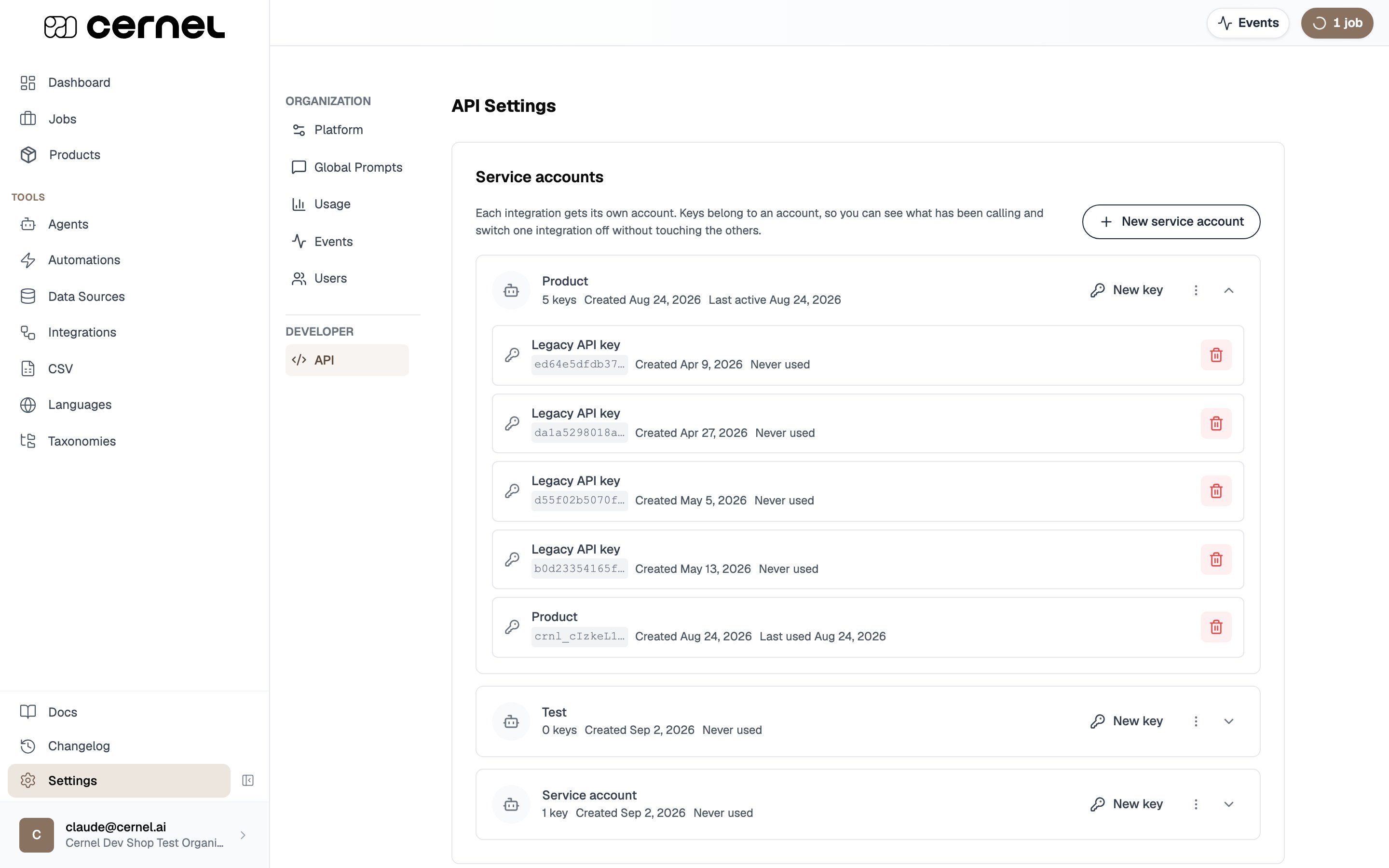 The API Settings page under Settings > Developer > API, showing service accounts each with their own keys, a New service account button, and a New key button on each account