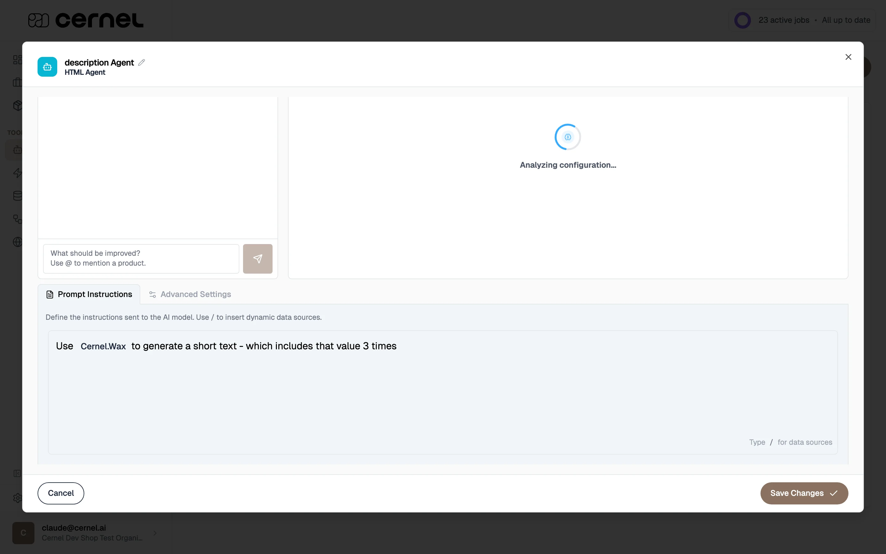 The Cernel agent editor showing a prompt configuration with synthesis instructions and Data Source references for product title and images