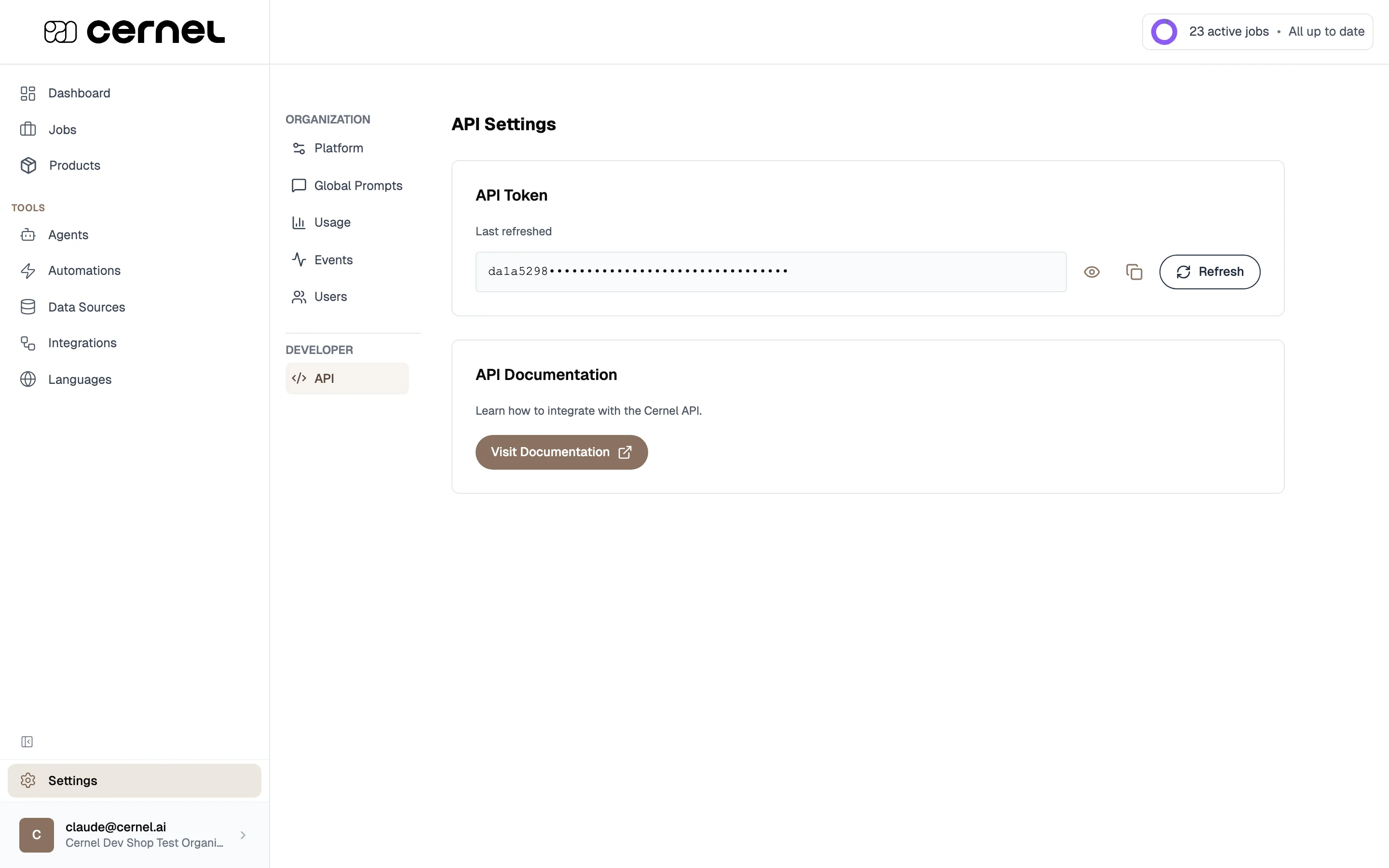 The API developer settings page showing API configuration and token management