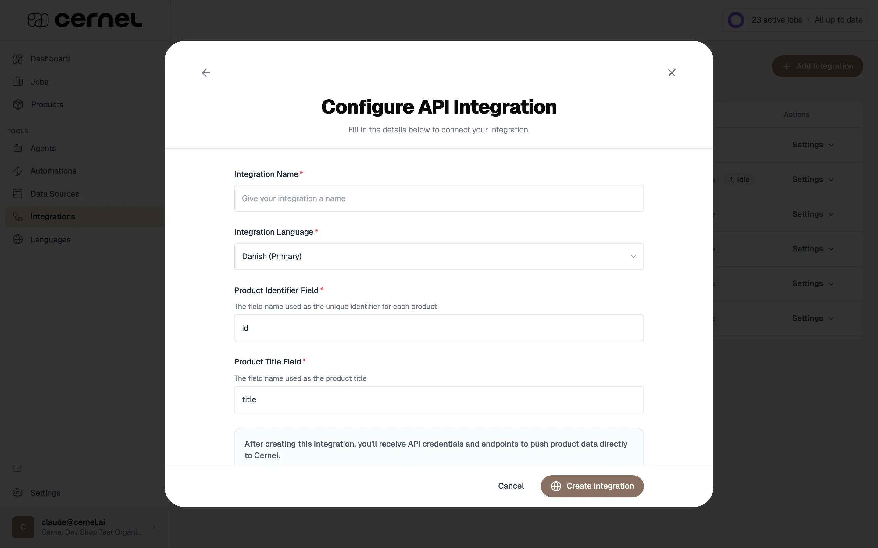The API Integration configuration showing fields for Integration Name, Languages (multi-select with one marked Primary), Product Identifier Field (showing 'id'), and Product Title Field (showing 'title')