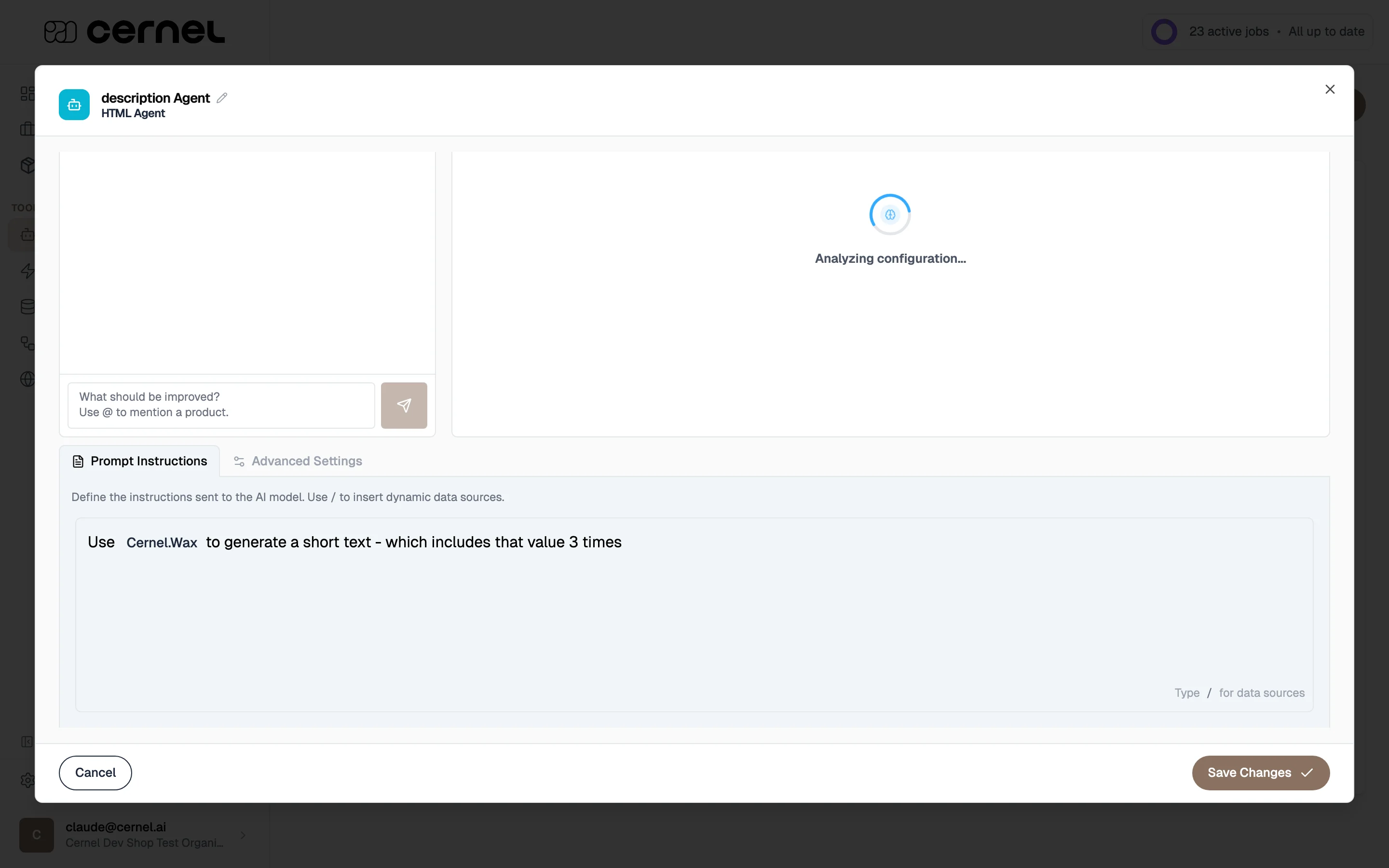 The agent editor showing a prompt with Product Title and Product Images rendered as rounded pill badges inline with the instruction text