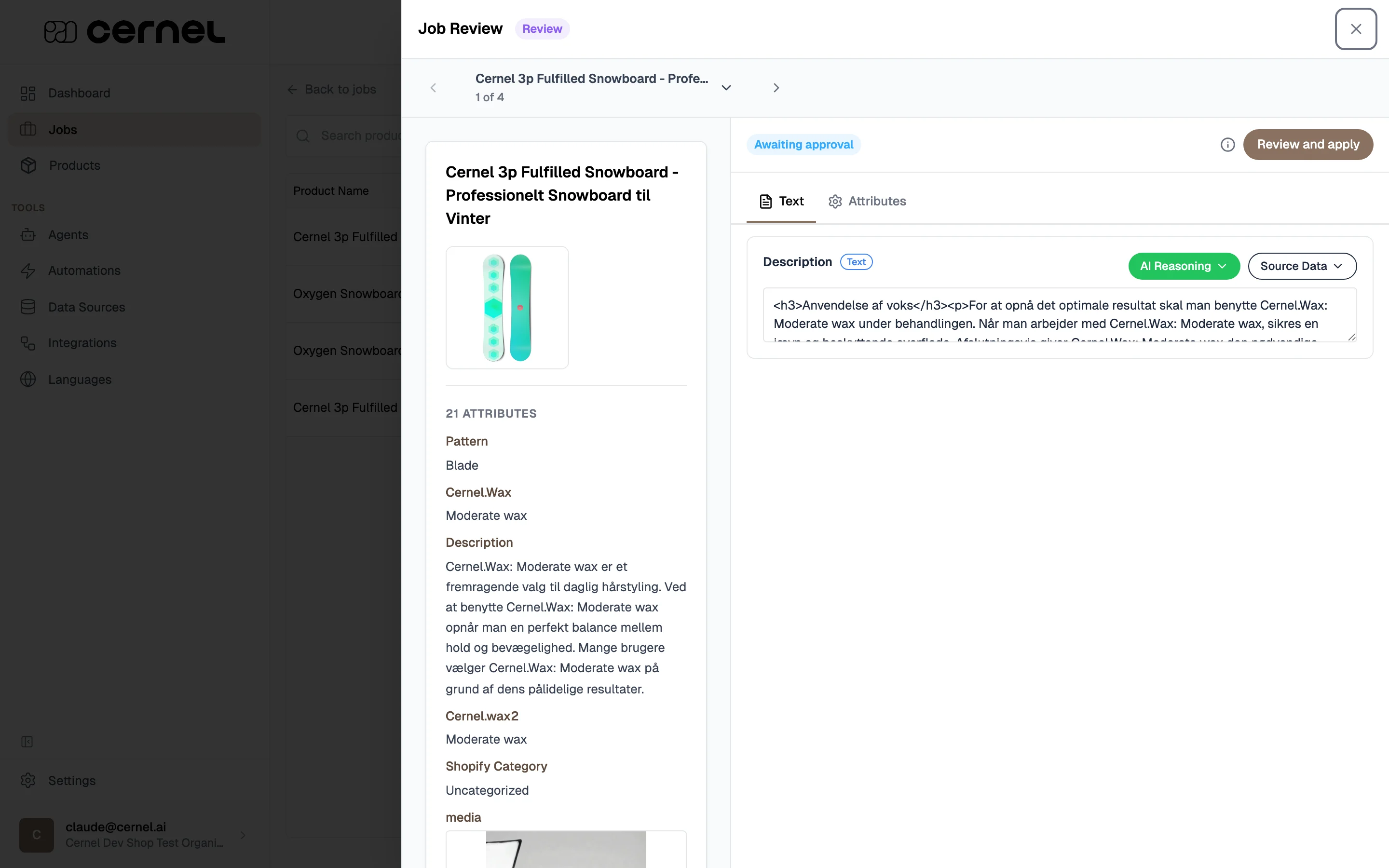 The job review view showing a product with AI-generated values for Meta Title, Description, and Materials. Each value has an 'AI Enriched' source badge and Approve/Reject buttons. The Agent Reasoning panel is expanded showing the AI's logic