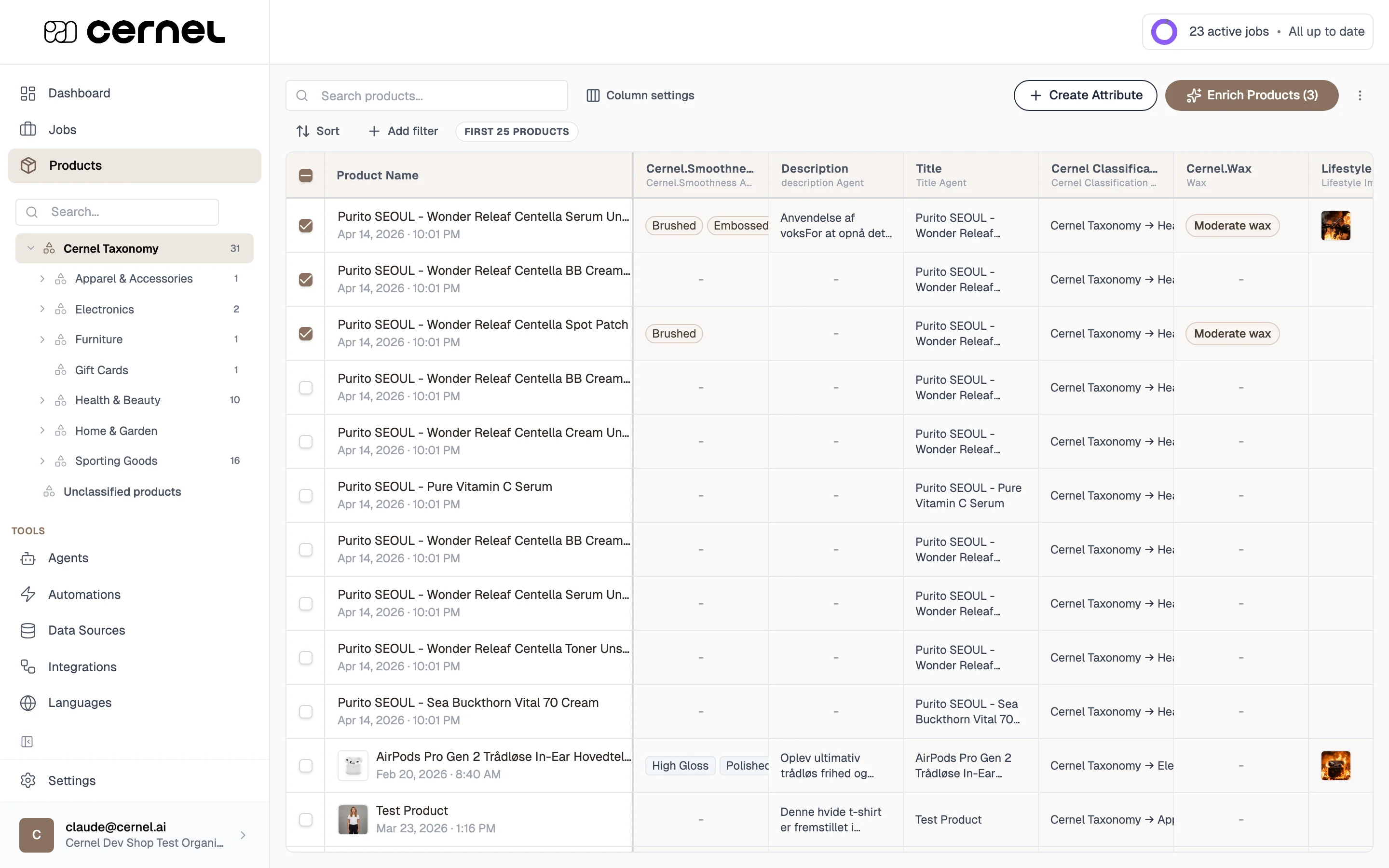 The product table with several product rows selected via checkboxes, and a toolbar appearing at the top showing '12 selected' with action buttons including 'Enrich Products'