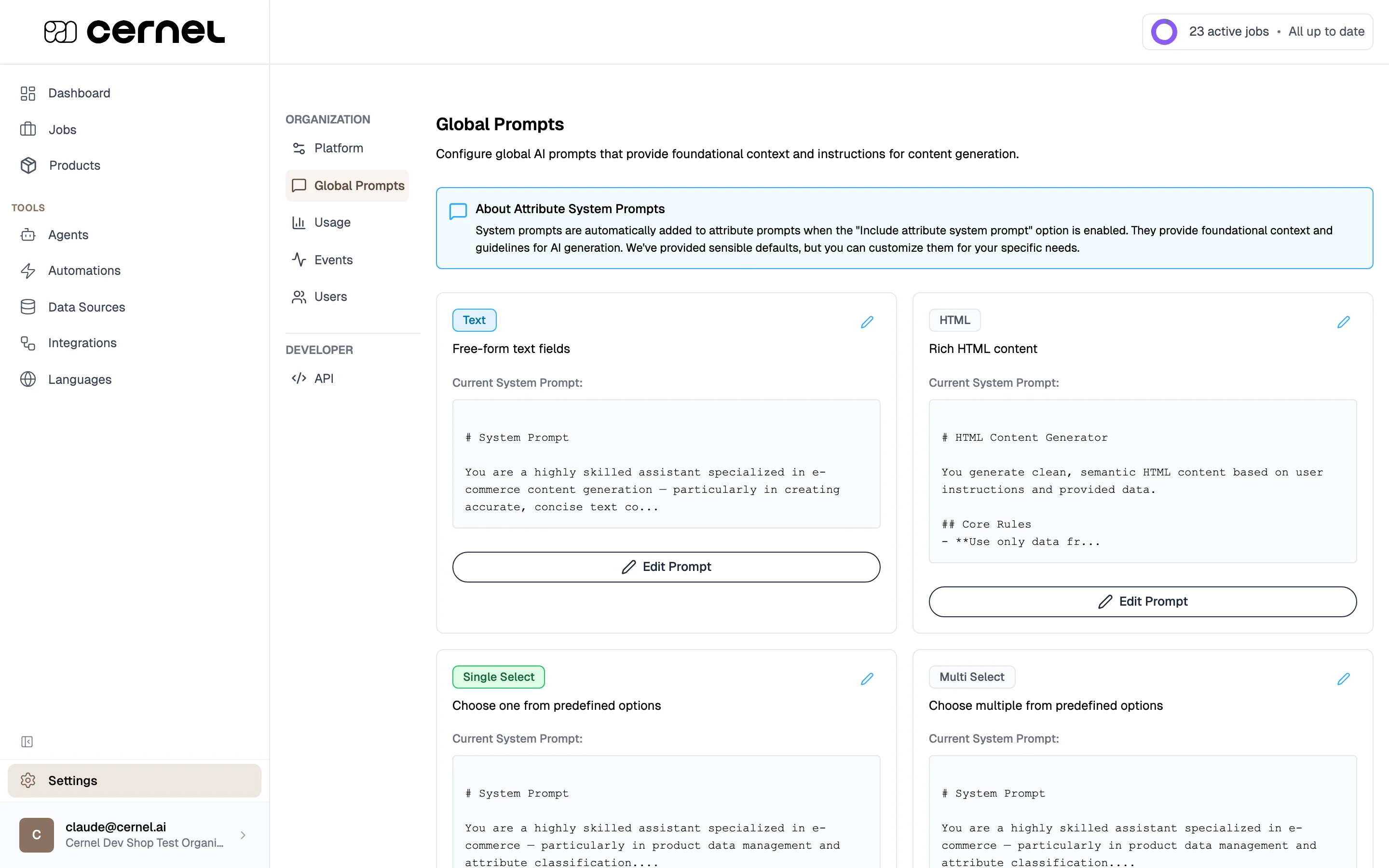 The Global Prompts Languages tab showing language-specific prompt configuration