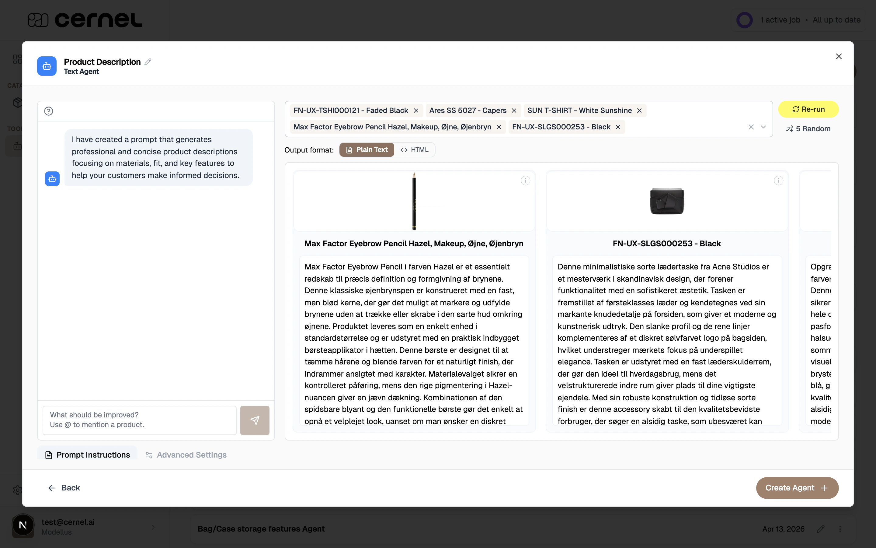 The agent sandbox showing agent chat on the left with an assistant welcome message, and generated results for several products on the right with their images and outputs