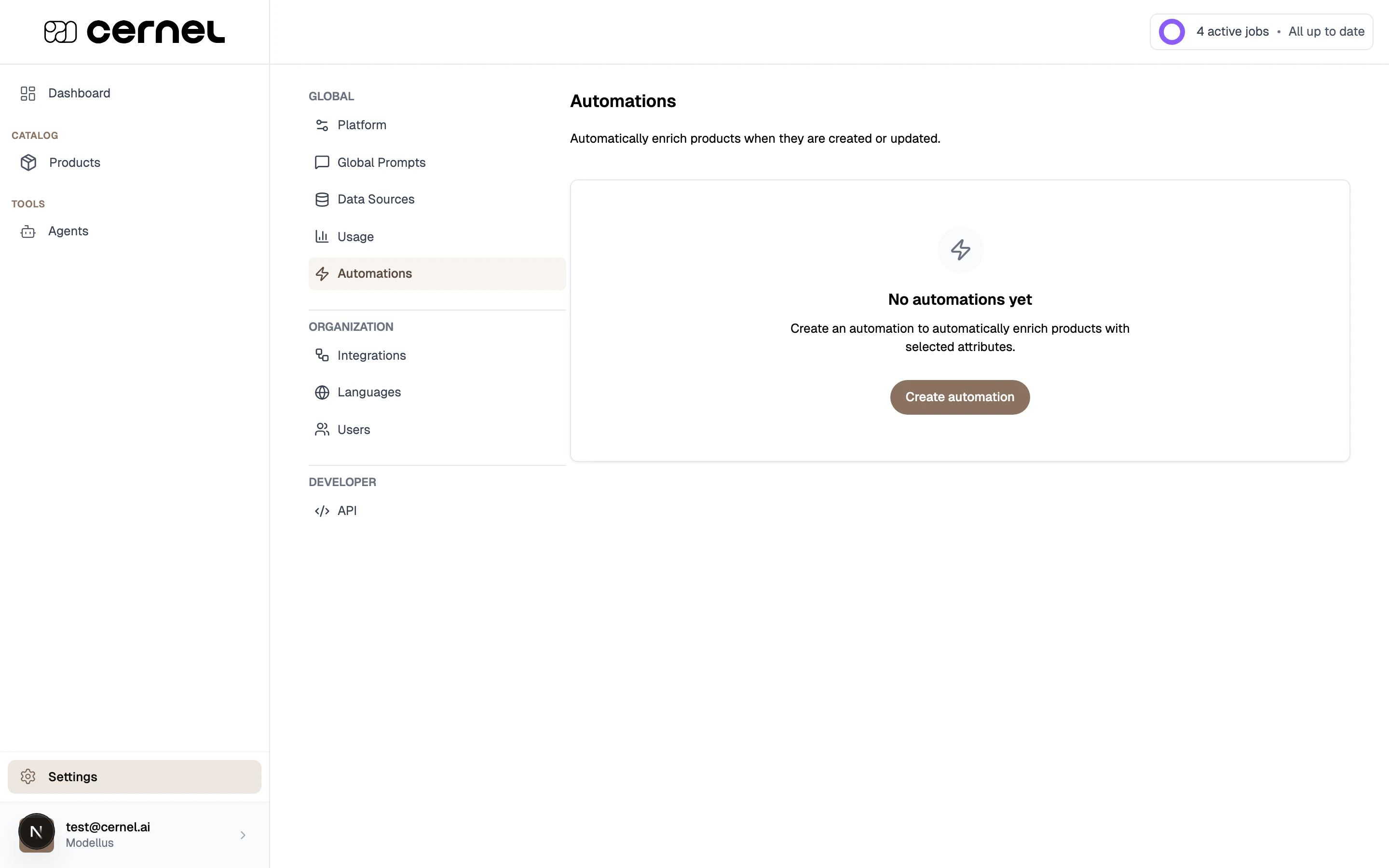 The Automations page showing a table of existing automations with columns for Name, Category, Filters, and Attributes, with a 'Create automation' button