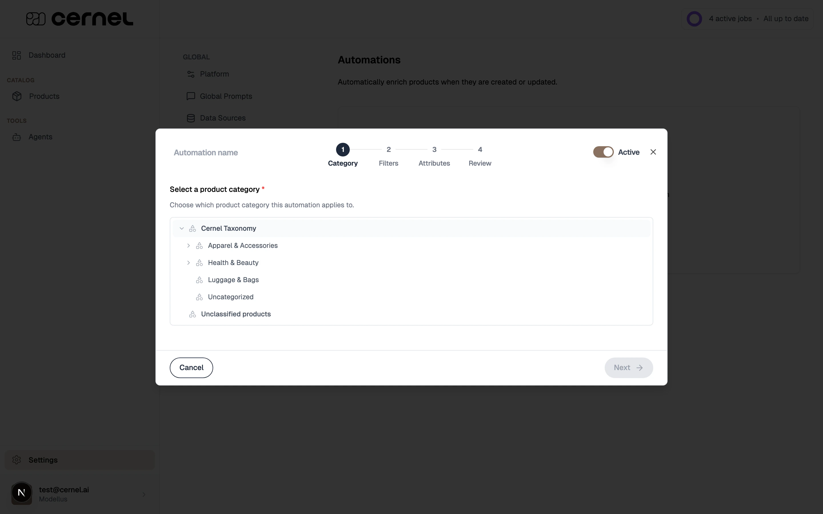 The automation creation wizard showing step 1 Category with a tree of product categories to select from, including Cernel Taxonomy, Apparel & Accessories, Health & Beauty, and more