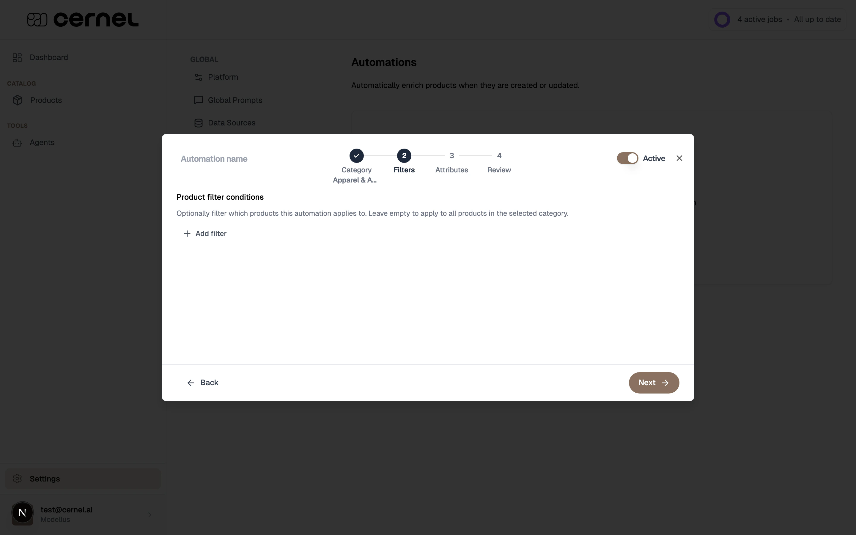 The automation wizard step 2 Filters showing filter configuration options for the automation