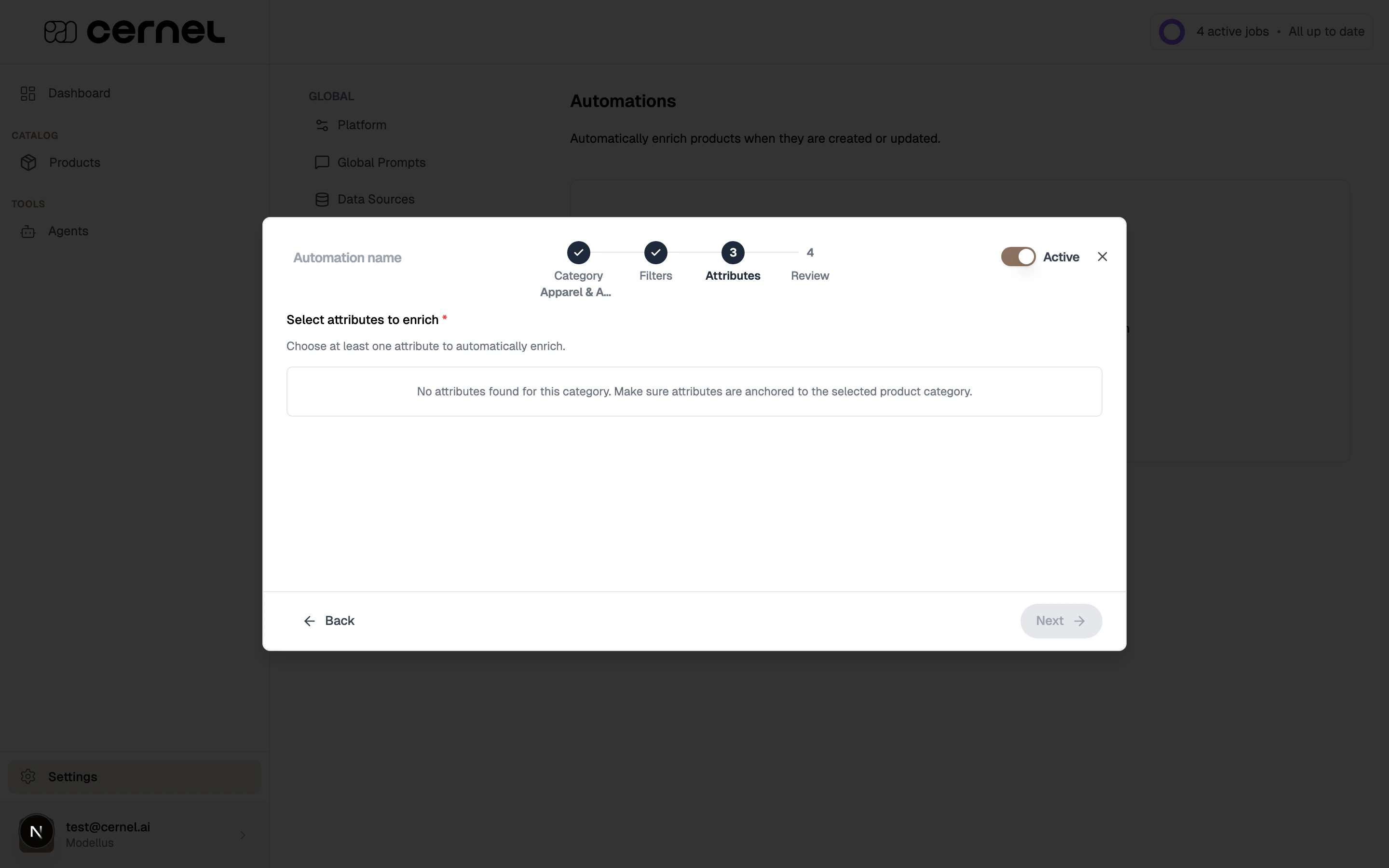 The automation wizard step 3 Attributes showing a list of attributes to select for automatic enrichment