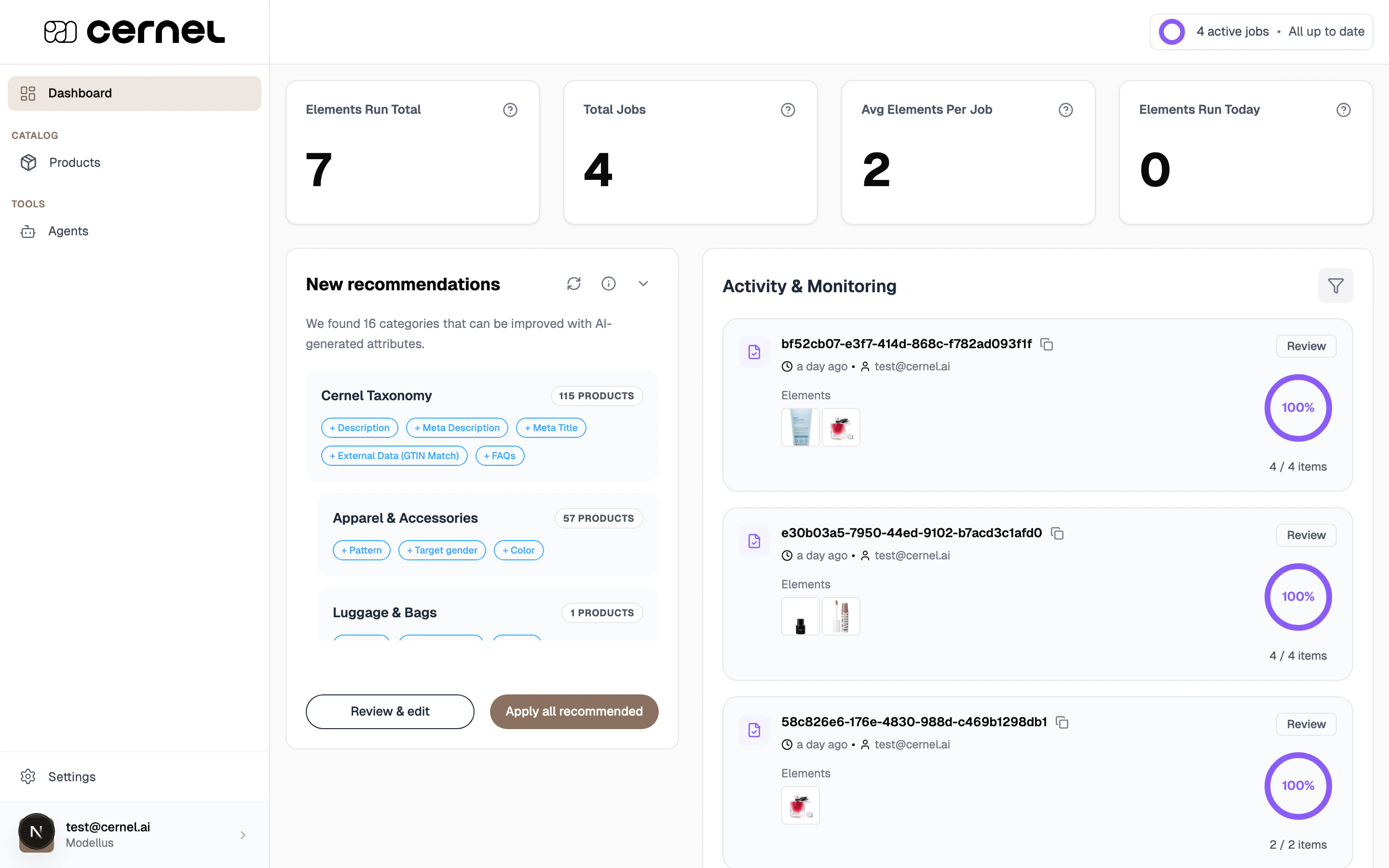 Cernel dashboard showing enrichment stats cards, a recommendations panel suggesting attributes for categories, and an activity feed with completed enrichment jobs