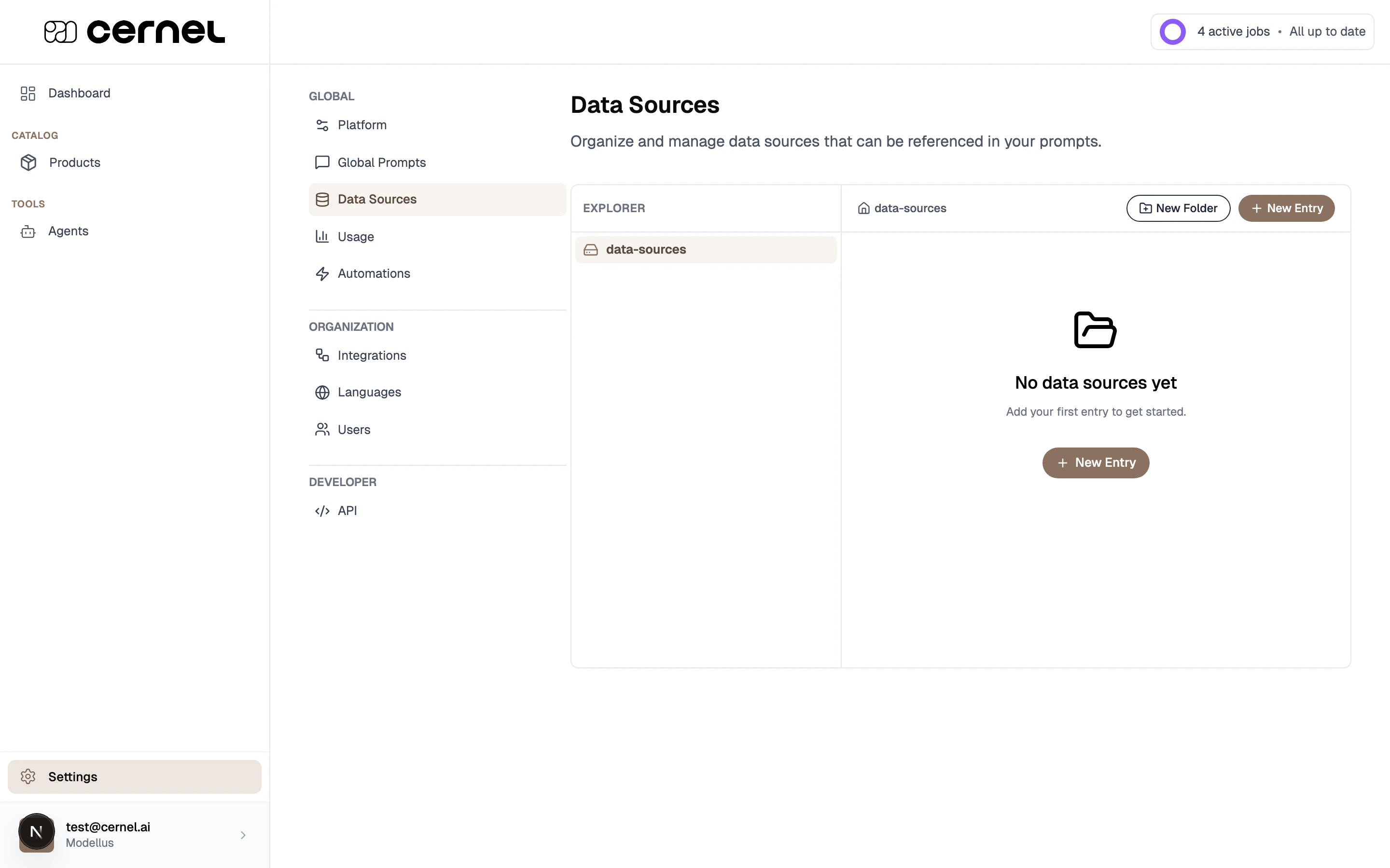 The Data Sources explorer showing a folder tree sidebar on the left with 'data-sources' as the root, and a content panel on the right with 'New Folder' and 'New Entry' buttons
