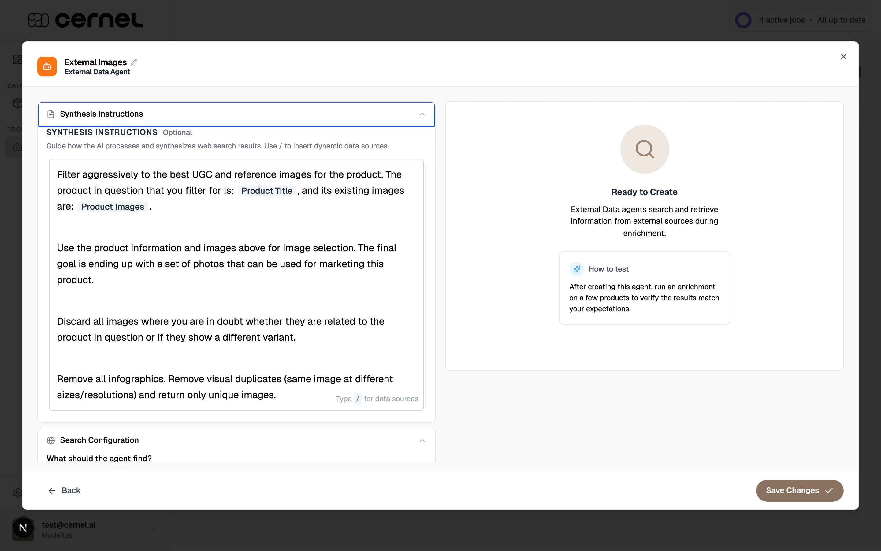 The agent editor showing a prompt with Product Title and Product Images rendered as rounded pill badges inline with the instruction text