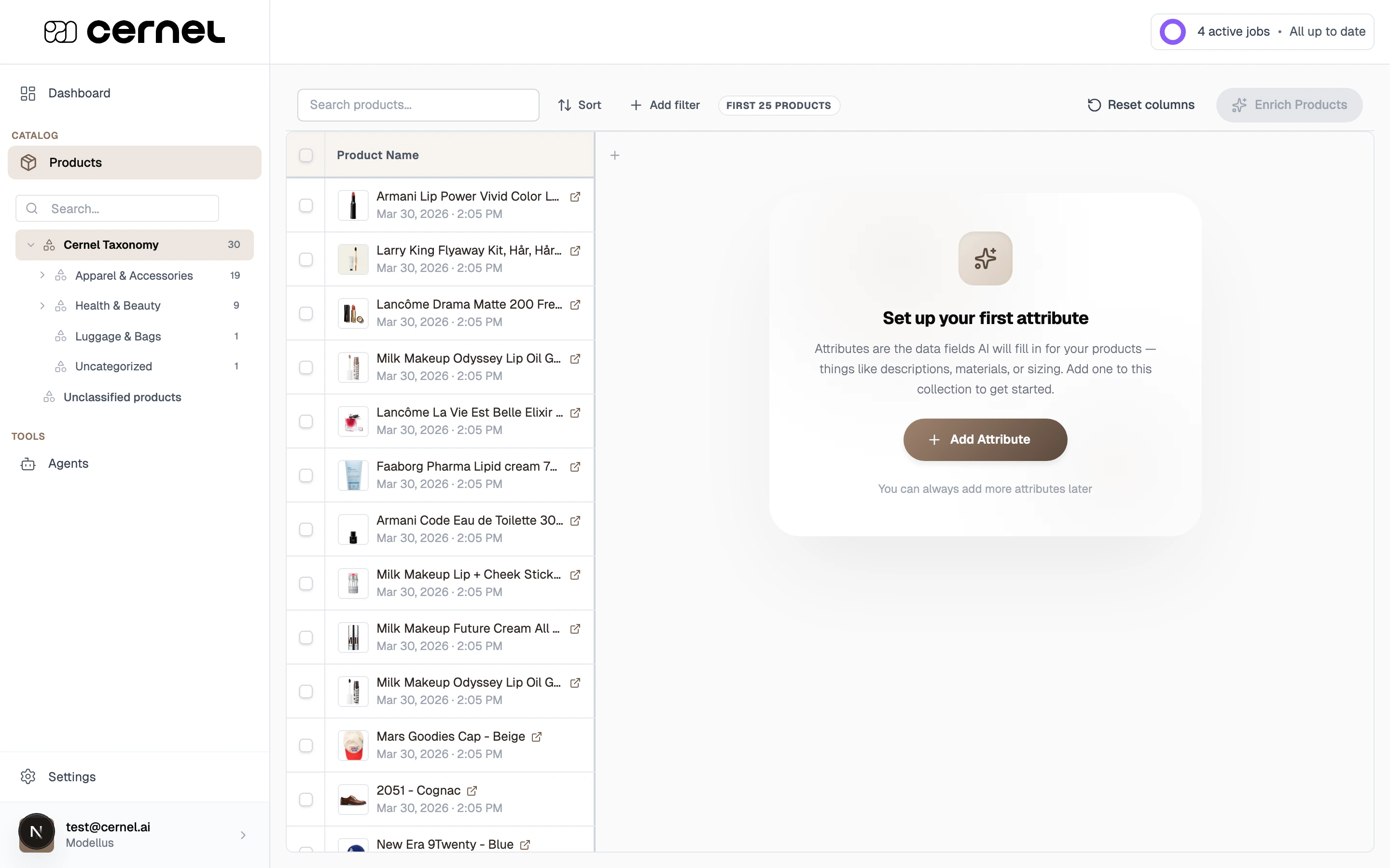 The product table showing a list of products in a selected category, with columns for product name, image, and attribute values, with most attribute columns empty, waiting for enrichment