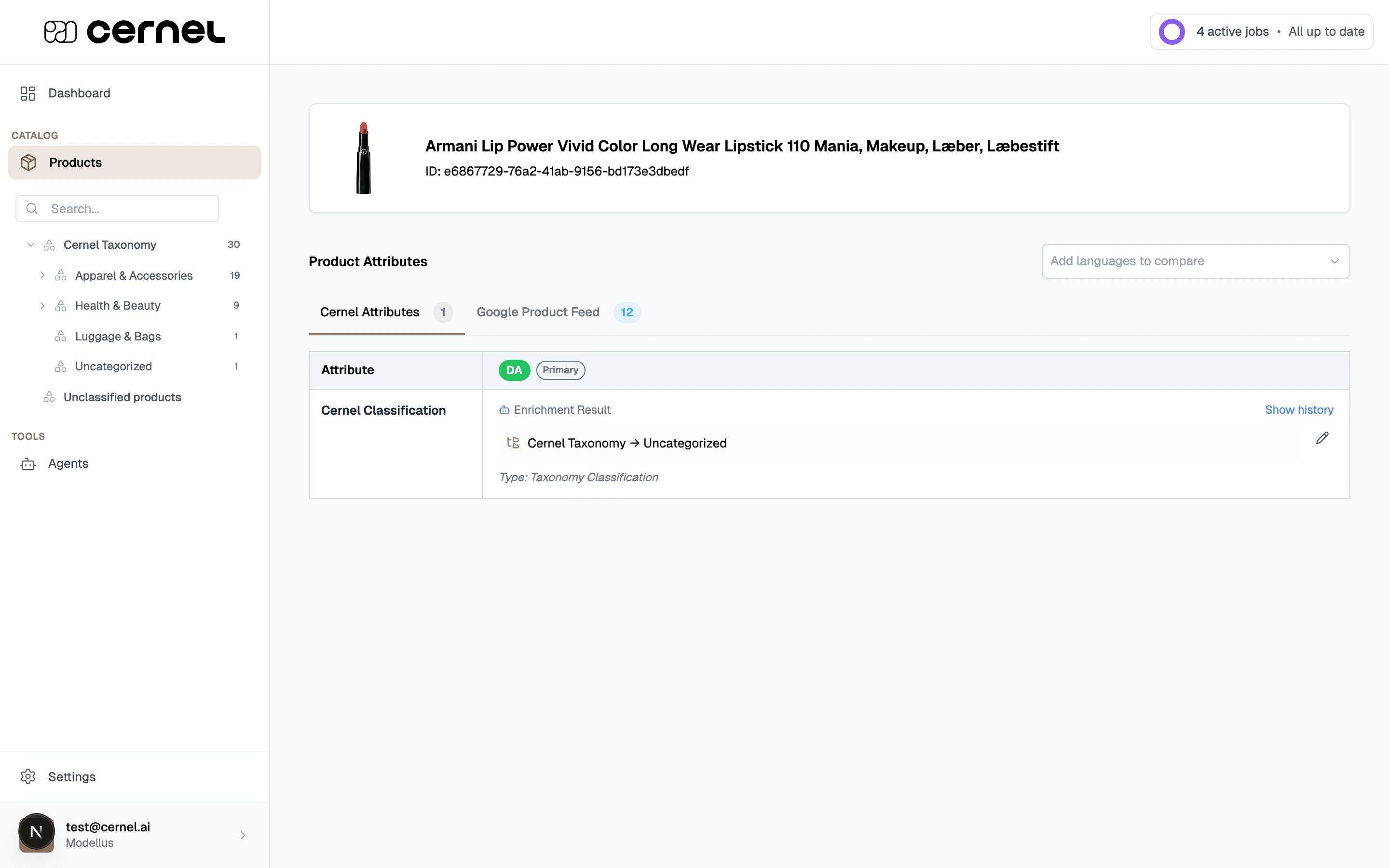 The job review view showing a product with AI-generated values for Meta Title, Description, and Materials. Each value has an 'AI Enriched' source badge and Approve/Reject buttons. The Agent Reasoning panel is expanded showing the AI's logic