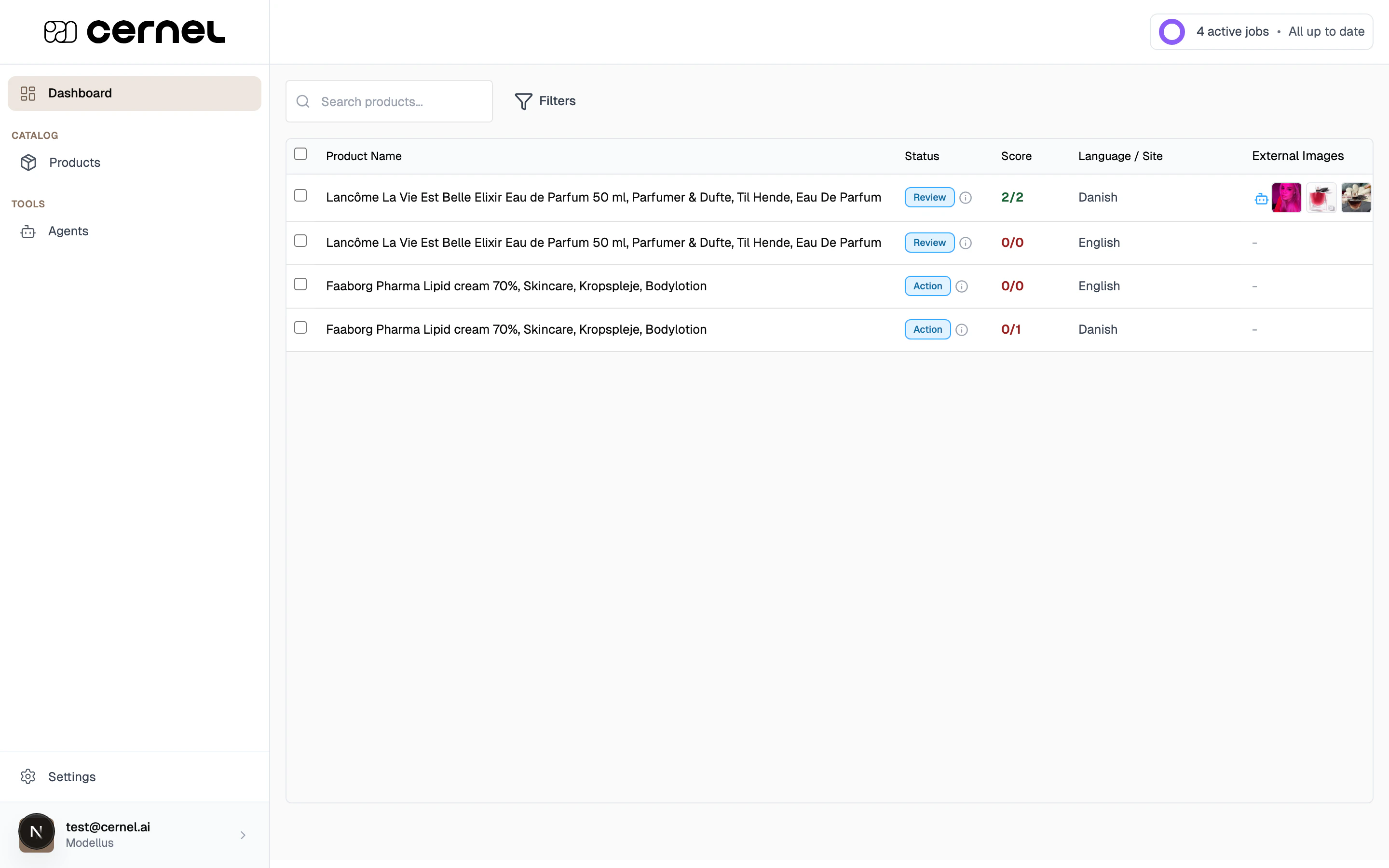 The job detail table showing product rows with columns for Product Name (with thumbnail), Status (Success/Review badges), Score (showing filled/total attributes ratio like 4/5), Language/Site, and attribute value columns