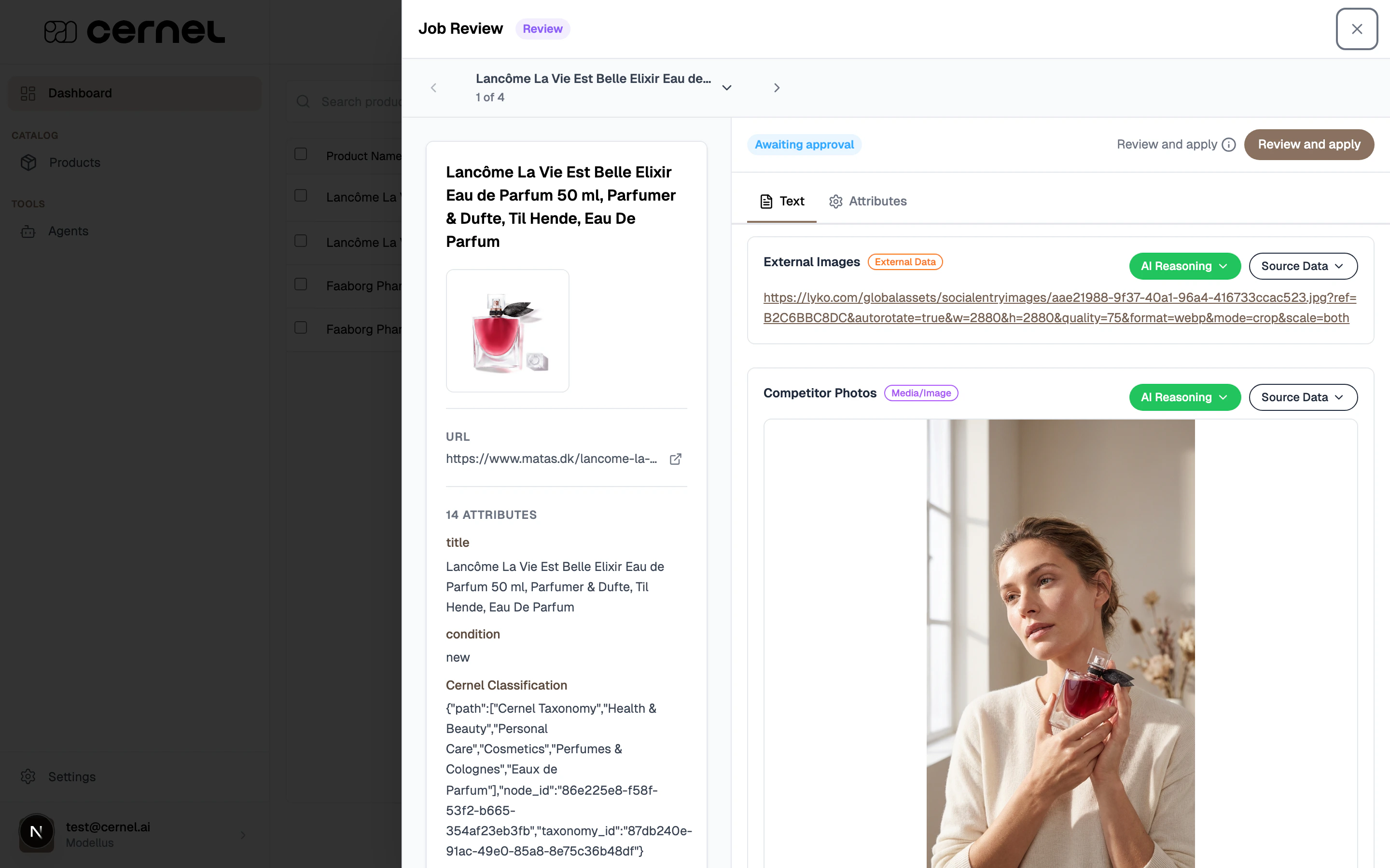 The product review drawer showing a three-column layout: product image and name on the left, generated attribute values (Meta Title, Description, Materials) in the center with AI Enriched badges, and a 'Review and apply' button on the right