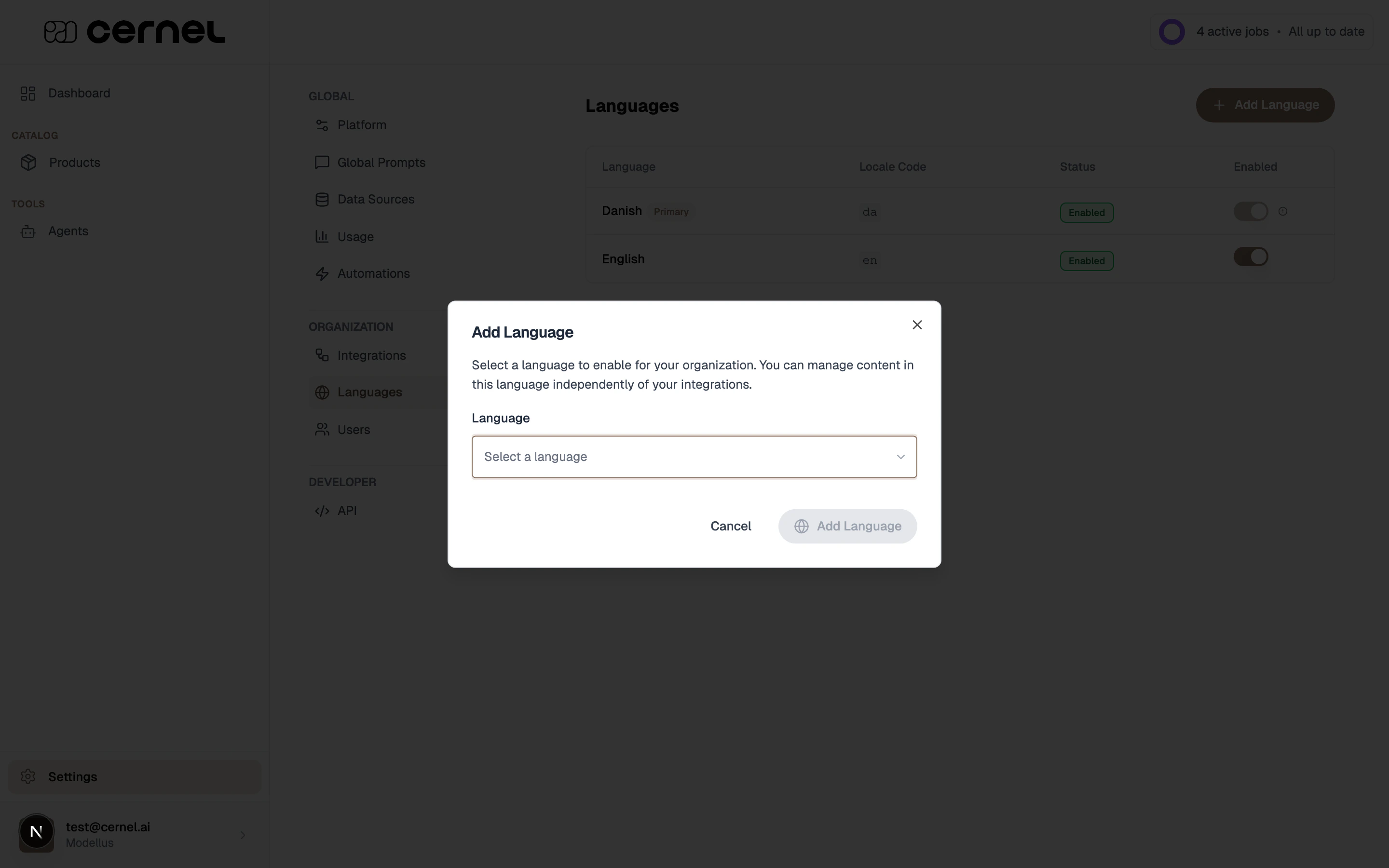 The Add Language modal showing available languages to add