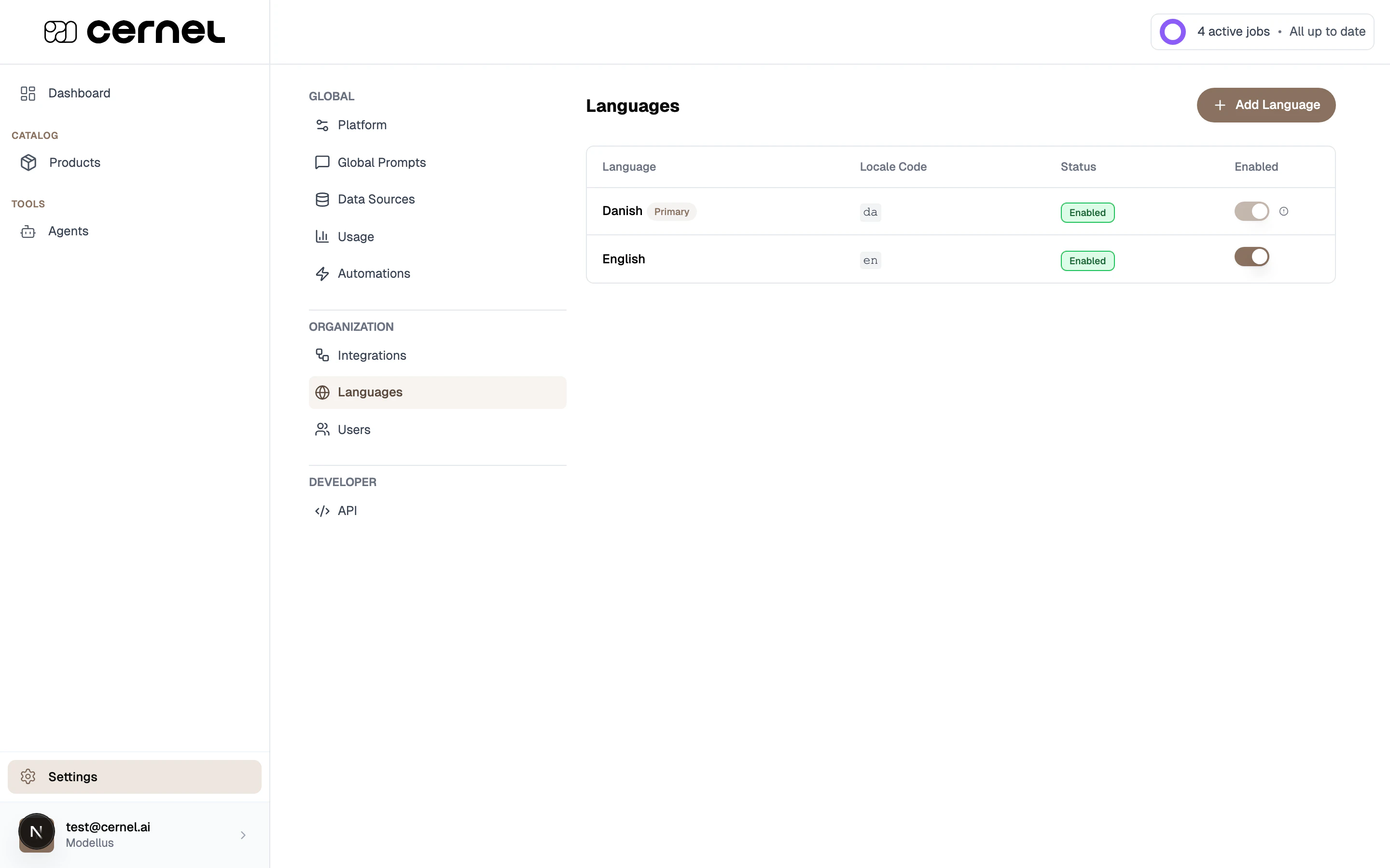 The Global Prompts Languages tab showing language-specific prompt configuration