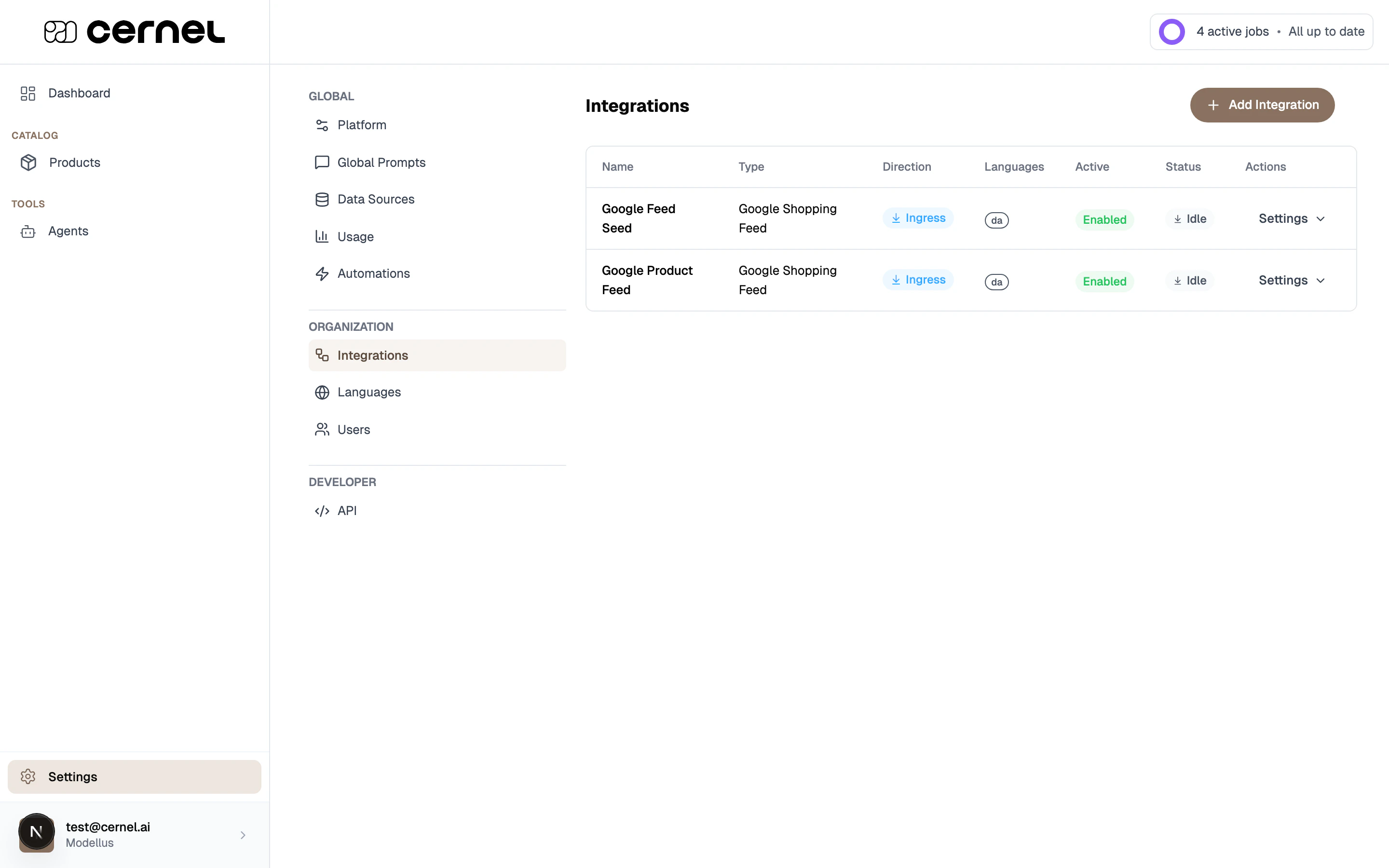 The Integrations page under Settings > Organization showing existing integrations with their type, direction, language, status, and an 'Add Integration' button