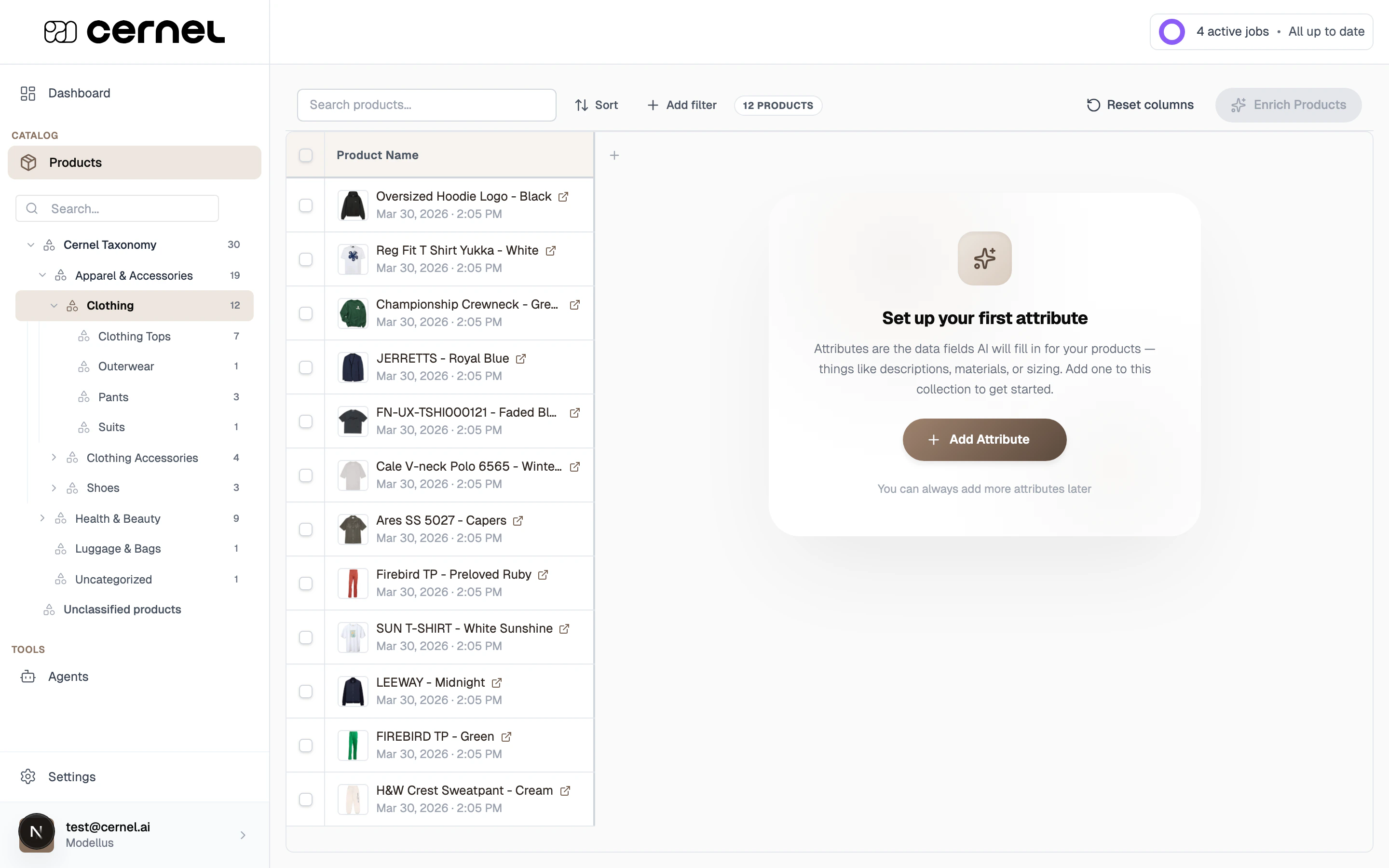 The Clothing category selected in the sidebar, with the product table showing clothing products like hoodies, t-shirts, and pants with their images and dates