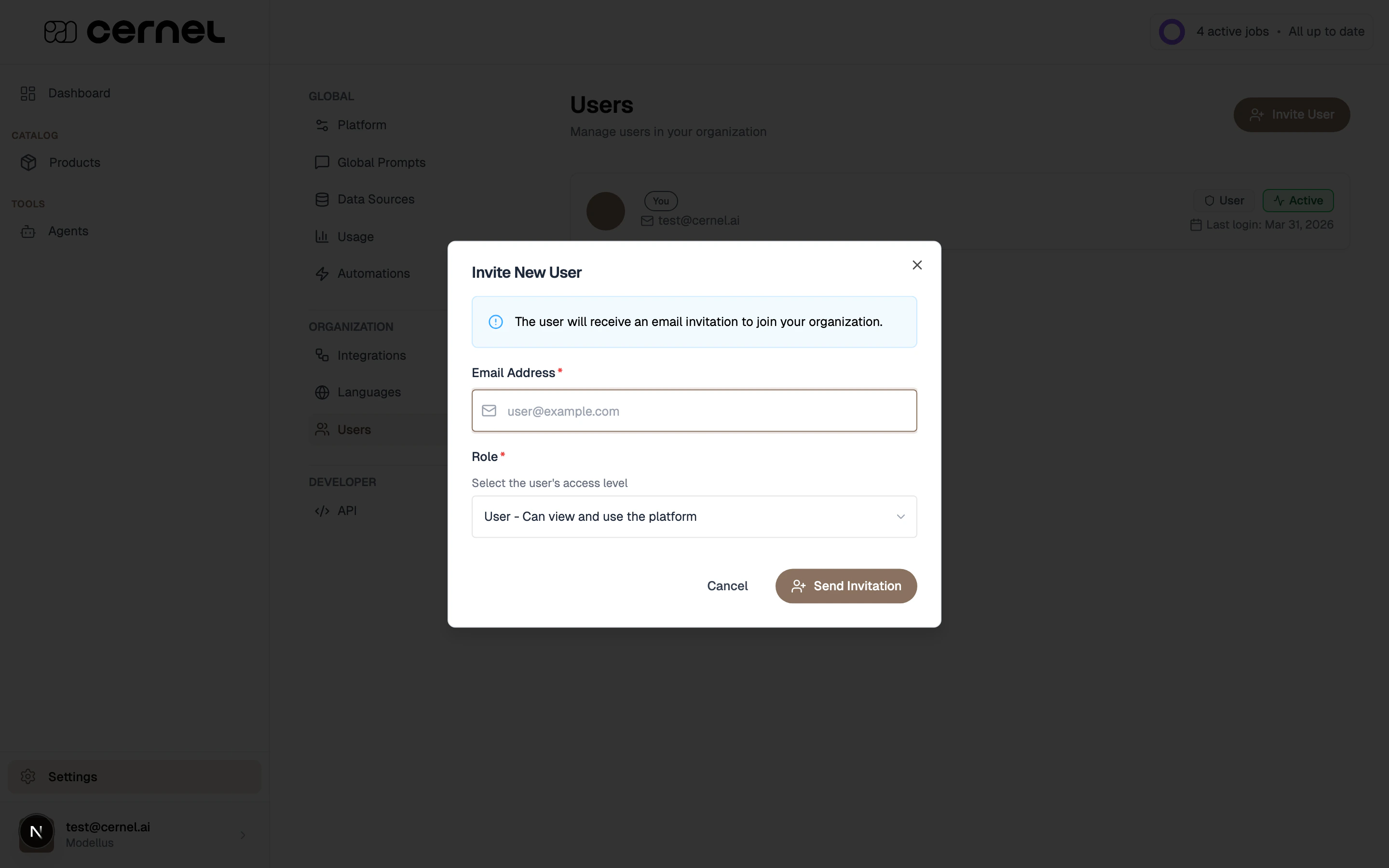 The Invite New User modal showing email address field, role selector with User and Admin options, and a Send Invitation button