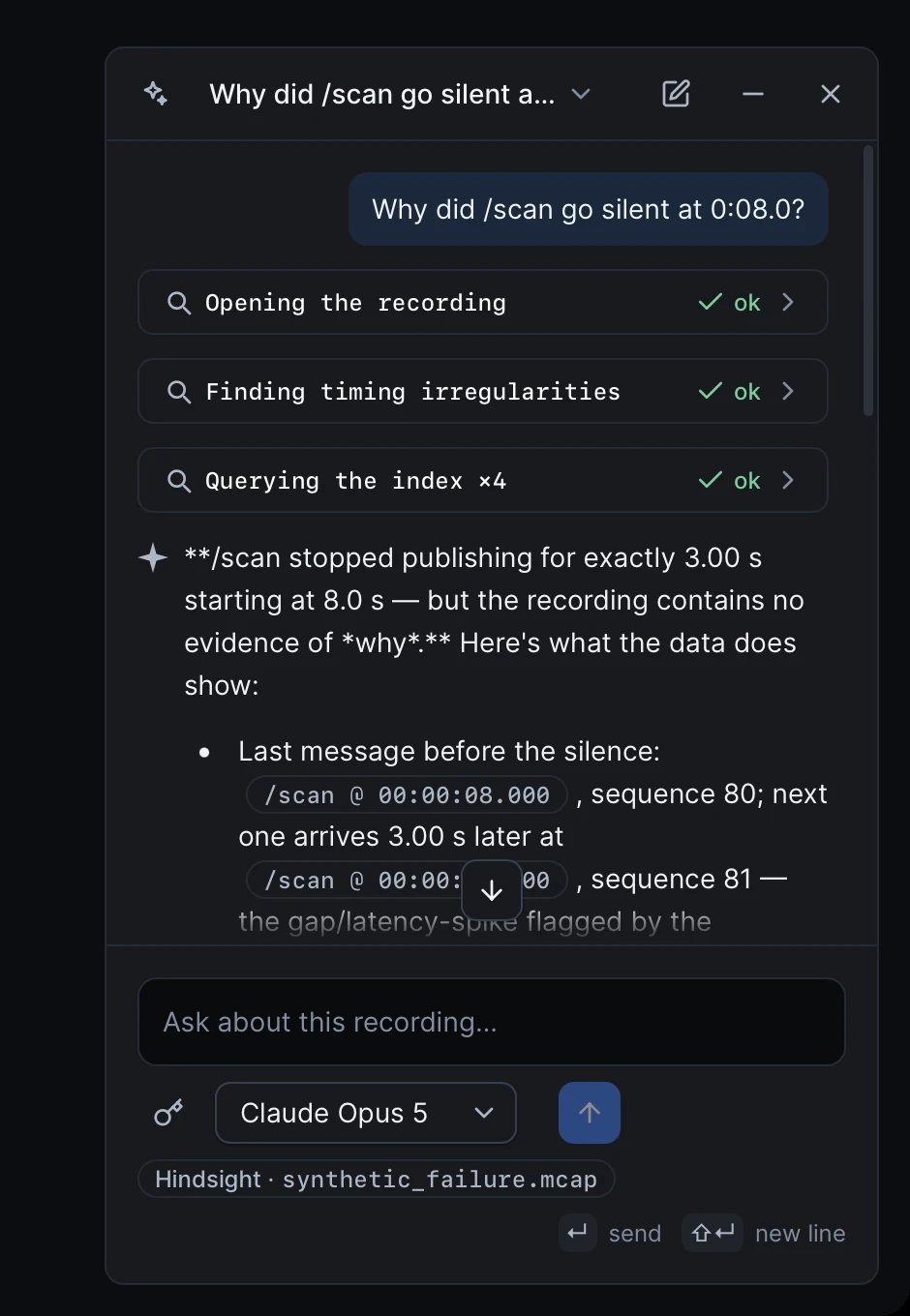 Cerulion Studio agent dock answering why /scan went silent at 0:08.0, with the tool calls it ran and cited /scan messages.