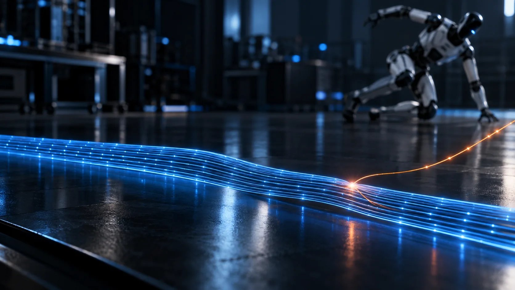 Conceptual recording timeline where one signal diverges at a highlighted moment as a robot stumbles in the background.