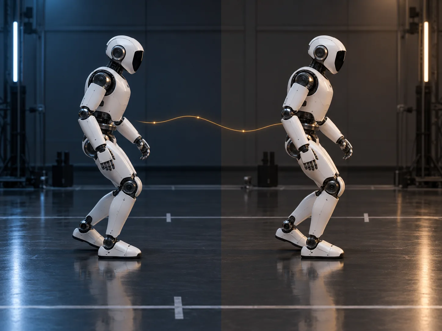 Conceptual side-by-side view of the same robot pose in a recorded run and a replay.