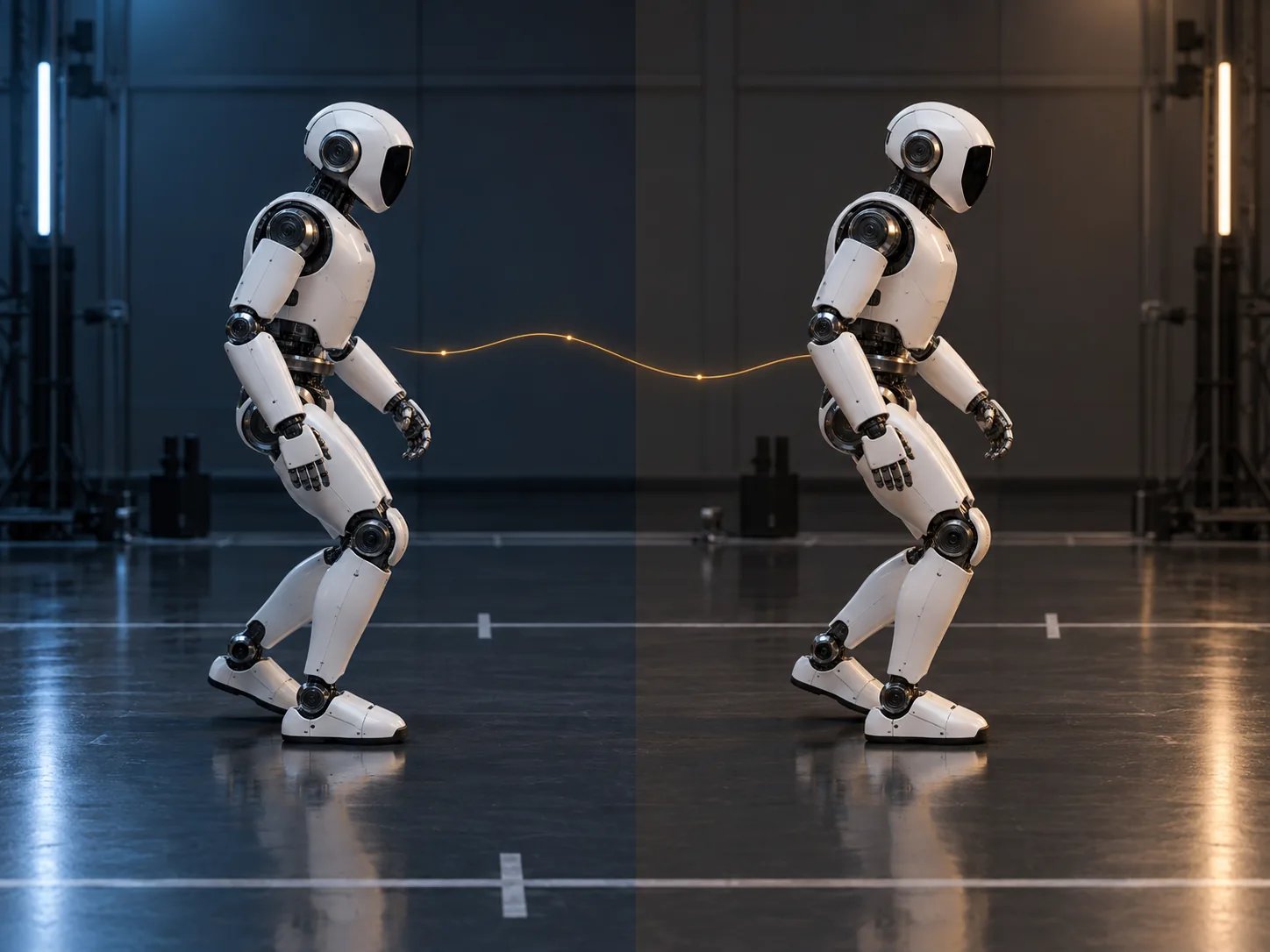 Conceptual side-by-side view of the same robot pose in a recorded run and a replay.