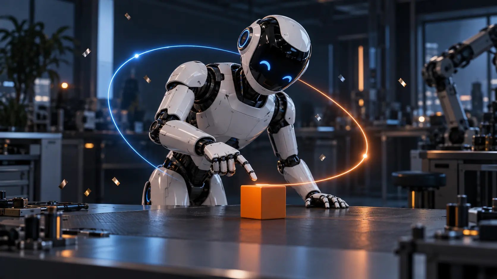 A white lab robot traces a blue and orange light loop around an orange cube to celebrate a first running graph