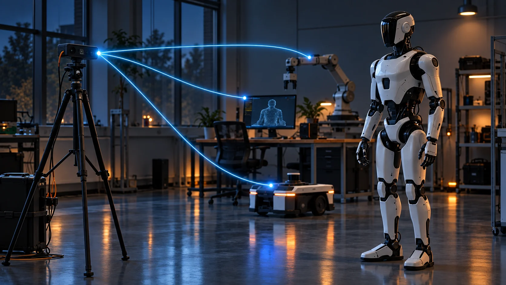 The same conceptual robotics lab at dusk, with the camera's data paths illuminated.