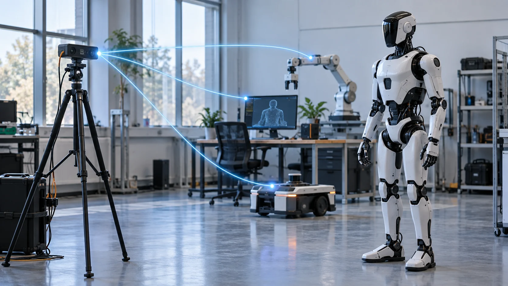 Conceptual robotics lab: a camera's data flows to a workstation, robotic arm, and mobile platform beside a humanoid.
