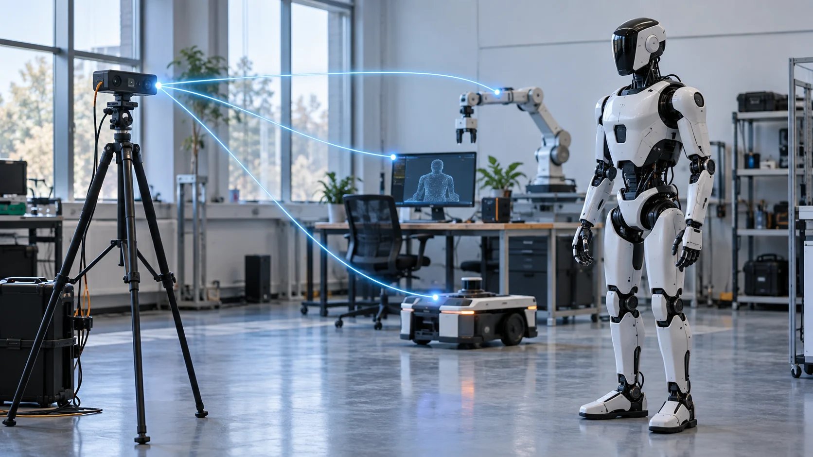 Conceptual robotics lab: a camera's data flows to a workstation, robotic arm, and mobile platform beside a humanoid.