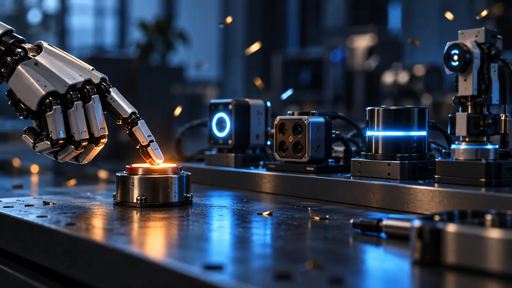 A robotic hand lights a switch as sensors glow blue to celebrate a verified installation