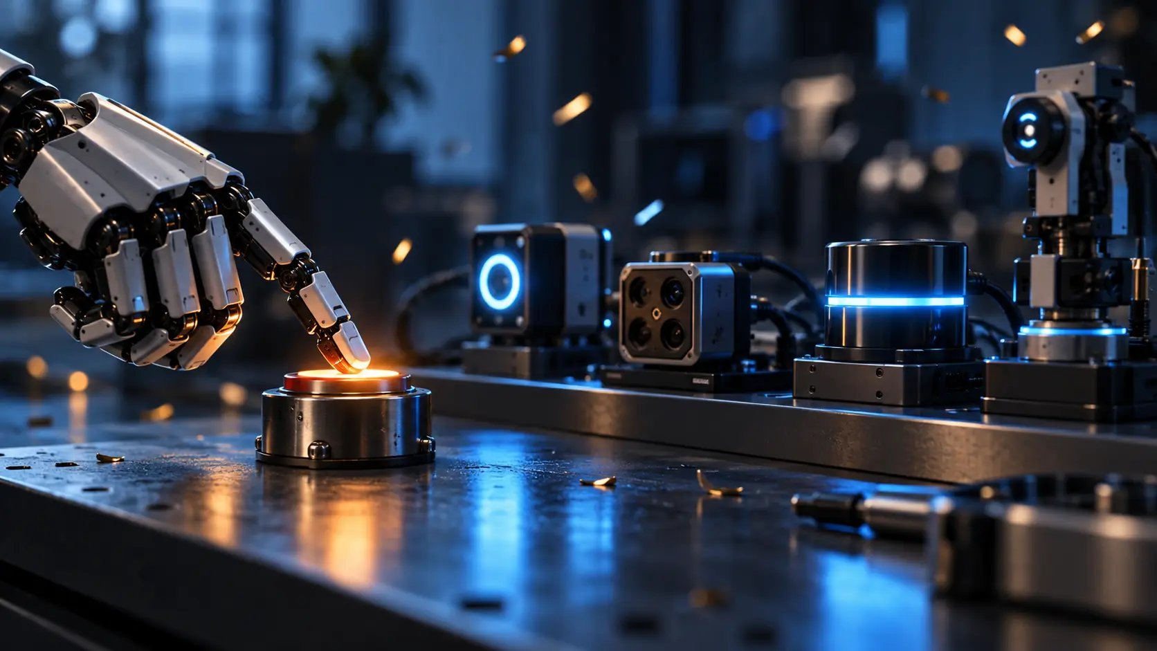 A robotic hand lights a switch as sensors glow blue to celebrate a verified installation
