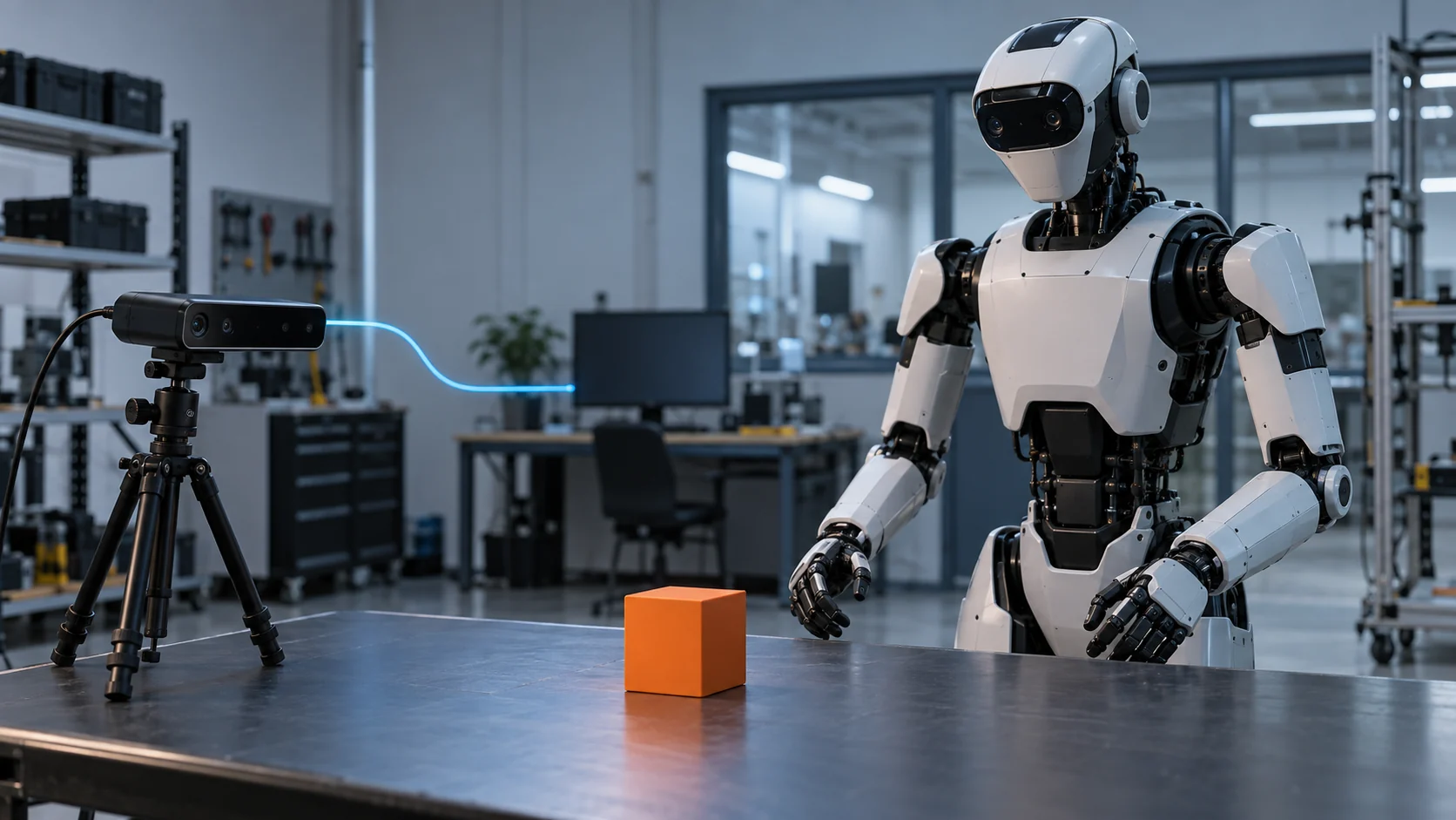 Conceptual robotics workbench with a camera observing an orange object beside a humanoid robot.