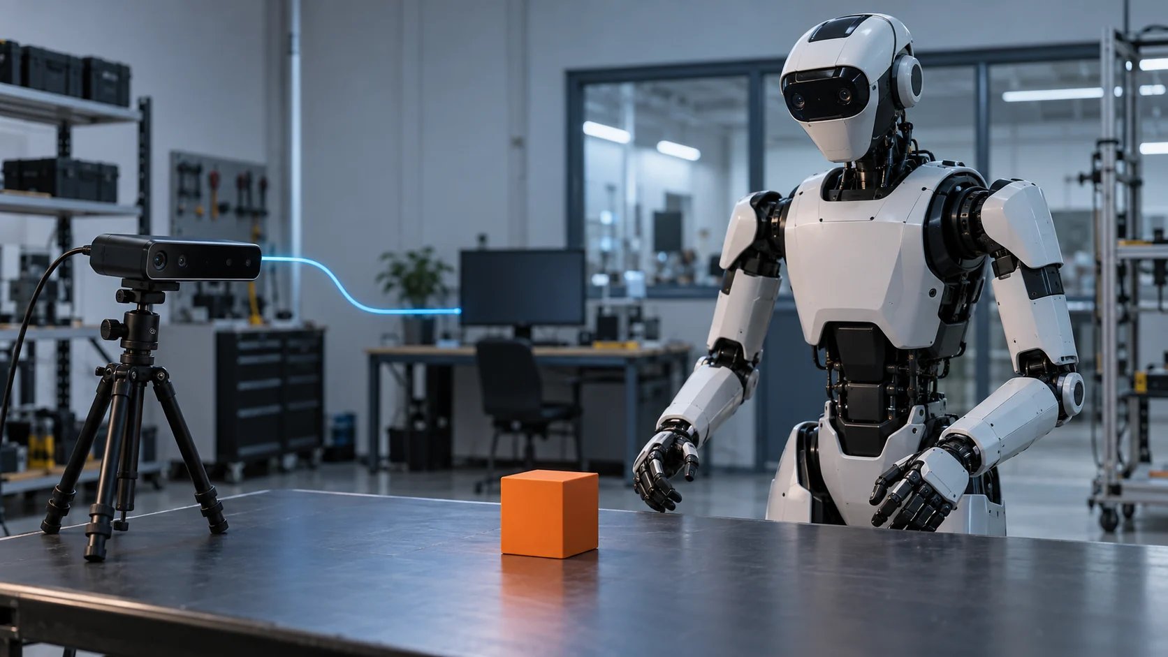 Conceptual robotics workbench with a camera observing an orange object beside a humanoid robot.