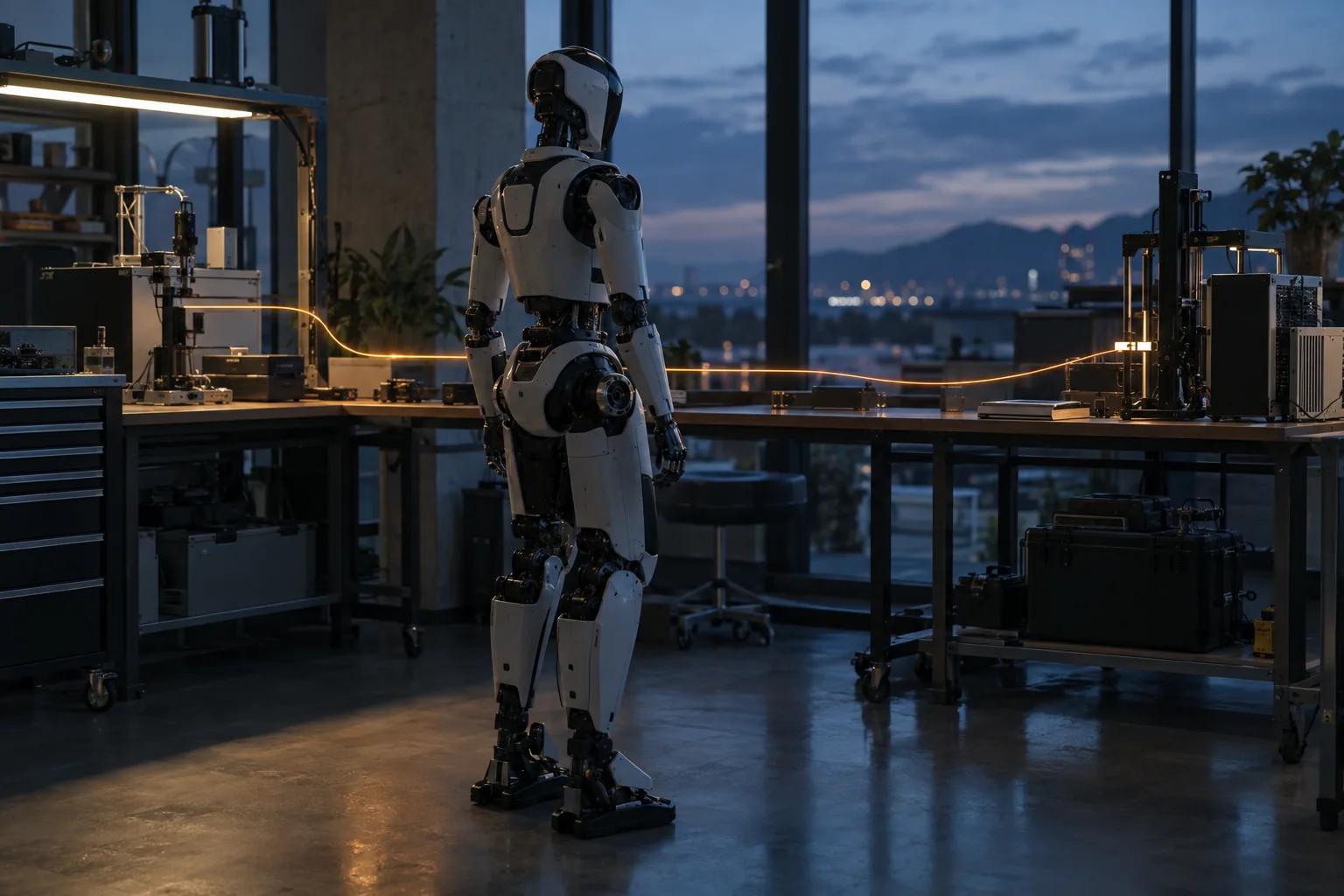 Conceptual robotics lab with a humanoid between two connected workstations.