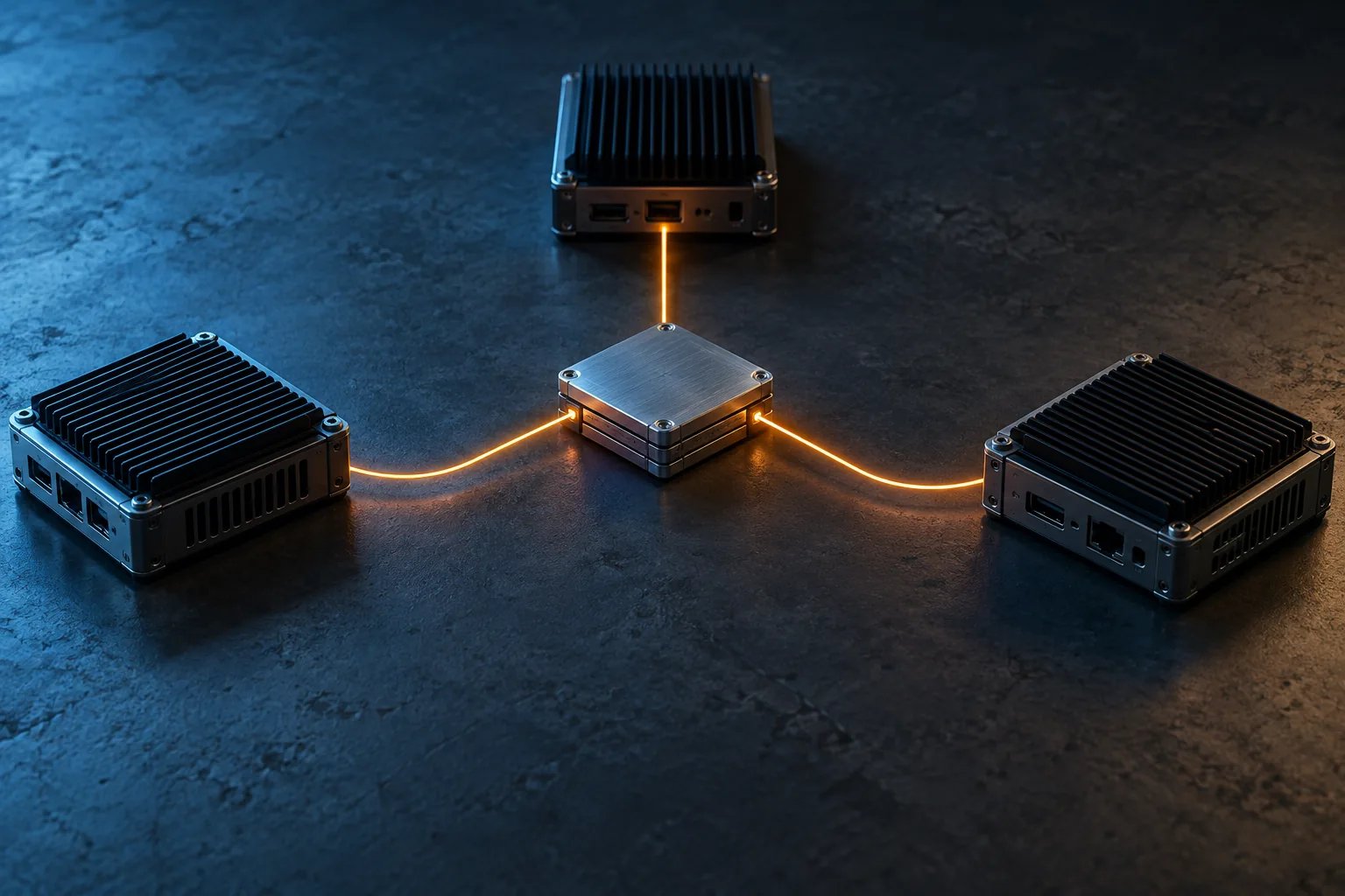 Conceptual illustration of one shared payload connected to three local compute devices.