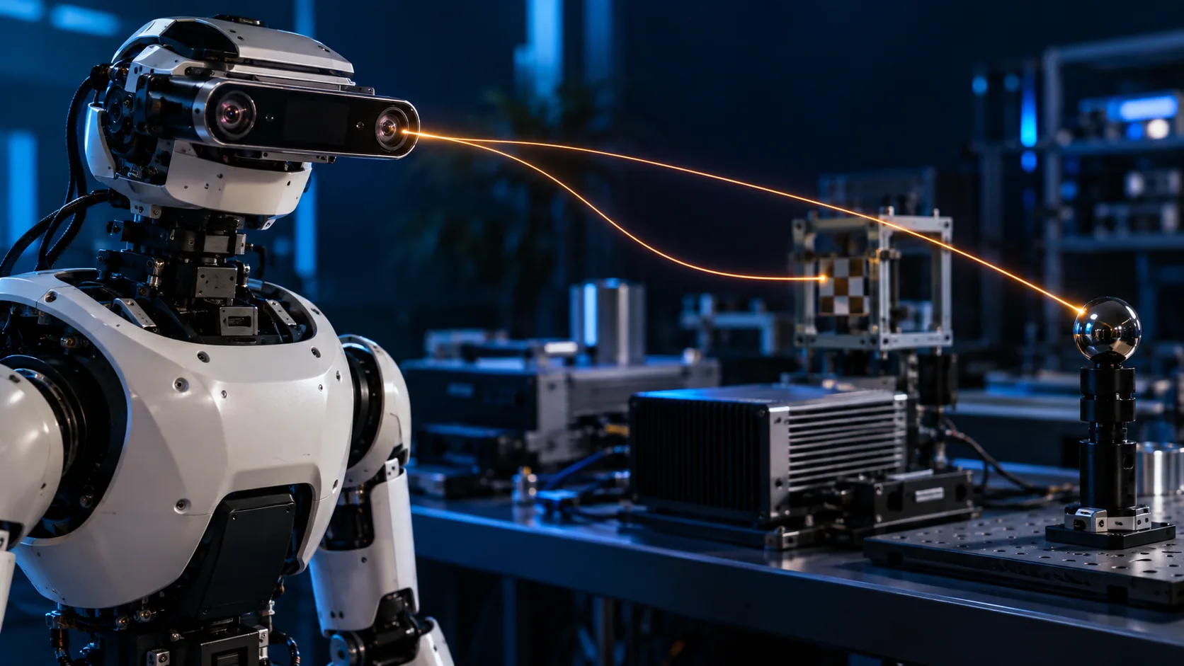 Conceptual humanoid vision sensor observing a test object in a robotics lab.
