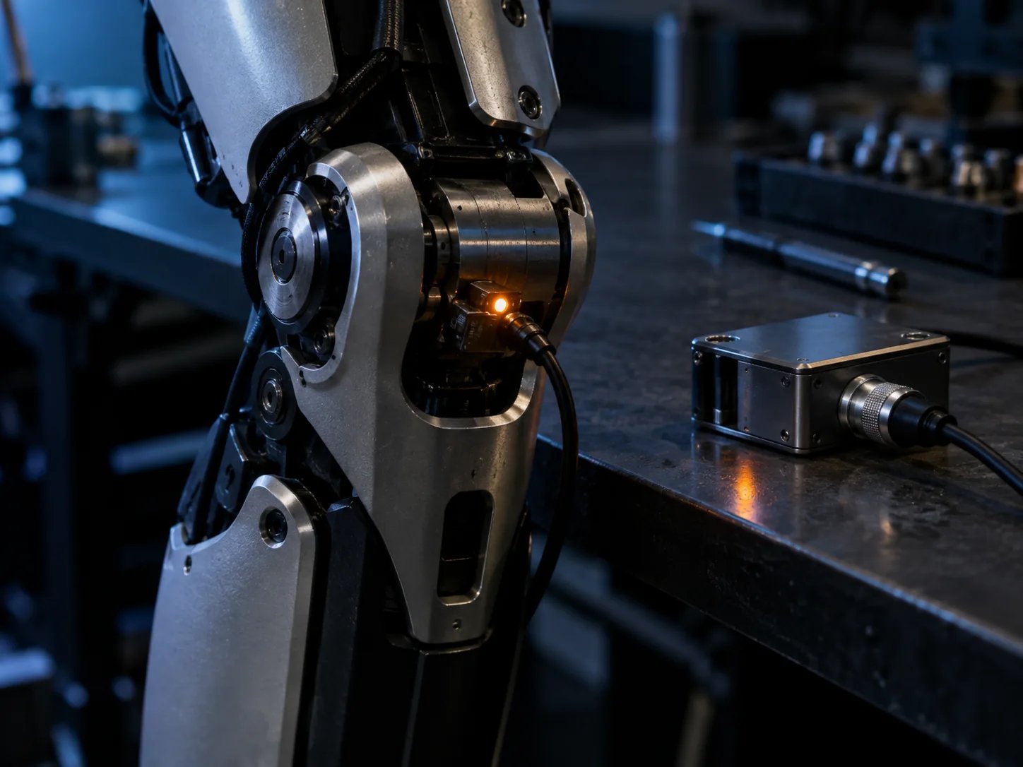 Conceptual close-up of a robot joint sensor and its signal indicator.