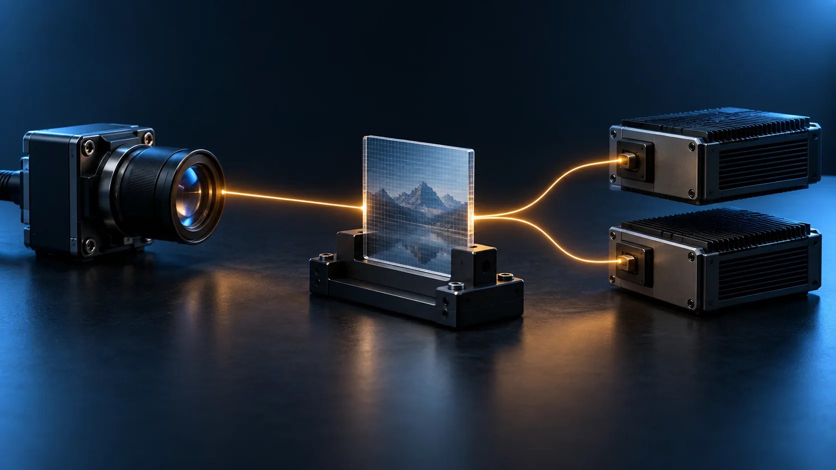 Conceptual illustration of a camera payload branching to two local readers.