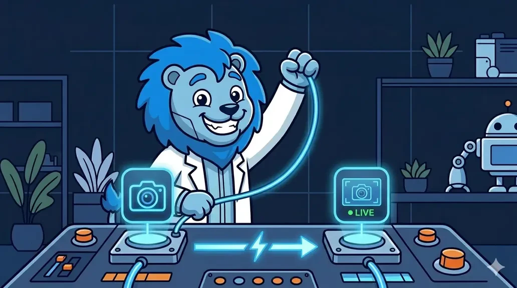 Cerulion lion mascot connecting a camera publisher node to a display subscriber node with a glowing blue message arrow in a robotics lab