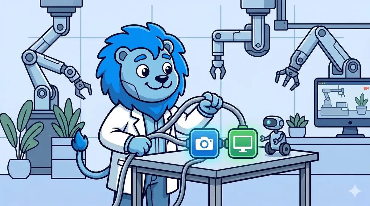 Cerulion lion mascot wiring together a camera and display node in a robotics lab