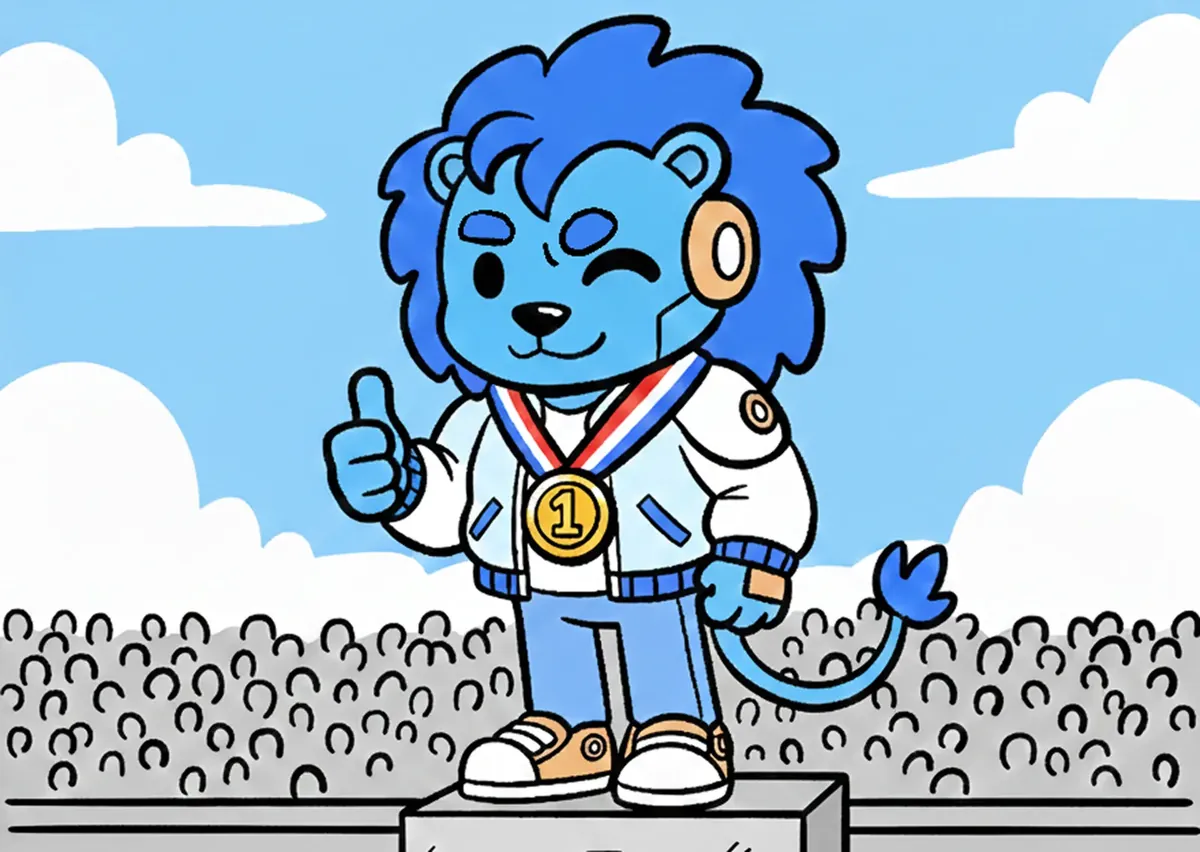 The Cerulion lion on a podium with a gold medal celebrating a first successful graph run