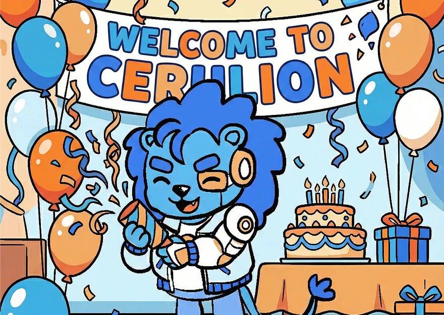 Cerulion mascot — a friendly blue lion in a lab coat — celebrating at a welcome party with balloons and confetti