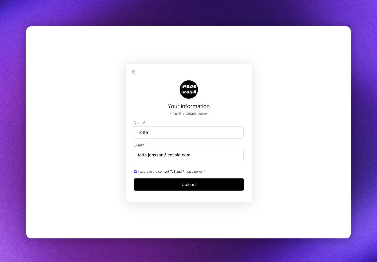 Upload form name screen