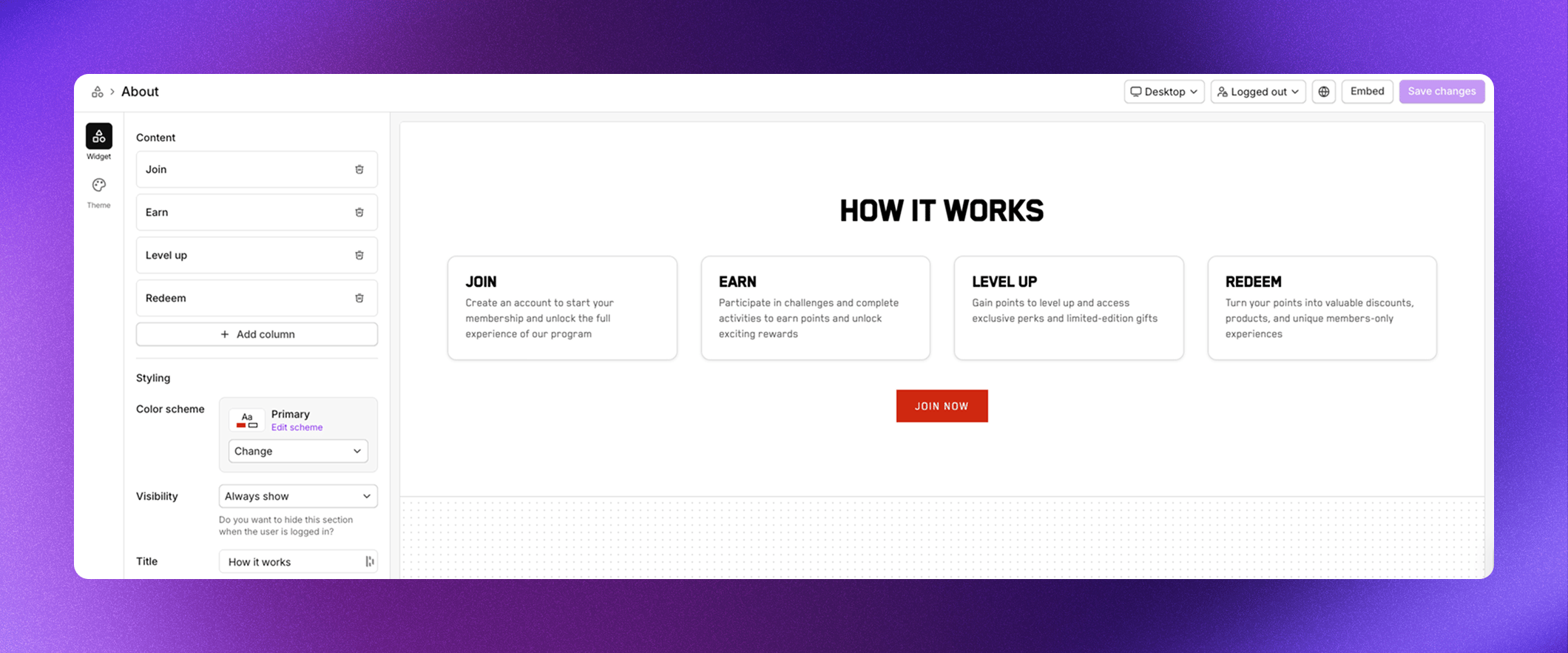 About section widget editor showing multi-column layout with how it works steps
