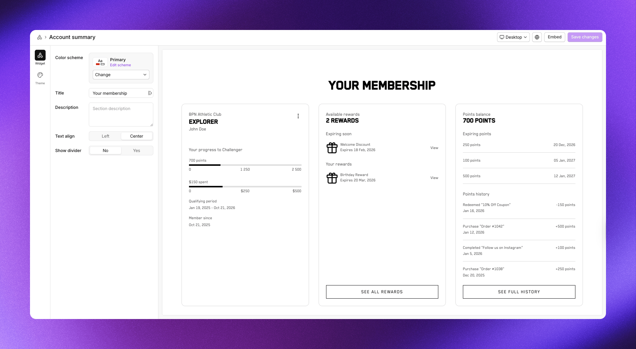 Account summary section showing membership status, rewards, and points history in three cards