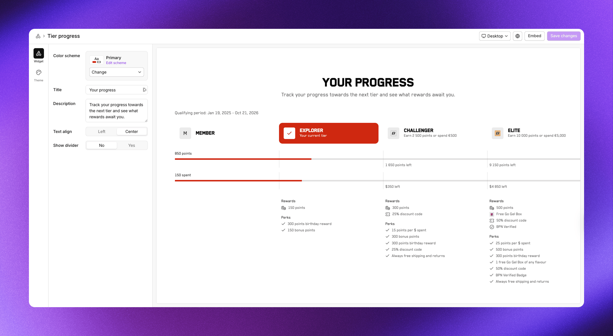 Tier progress section showing horizontal progression through tiers with rewards and perks